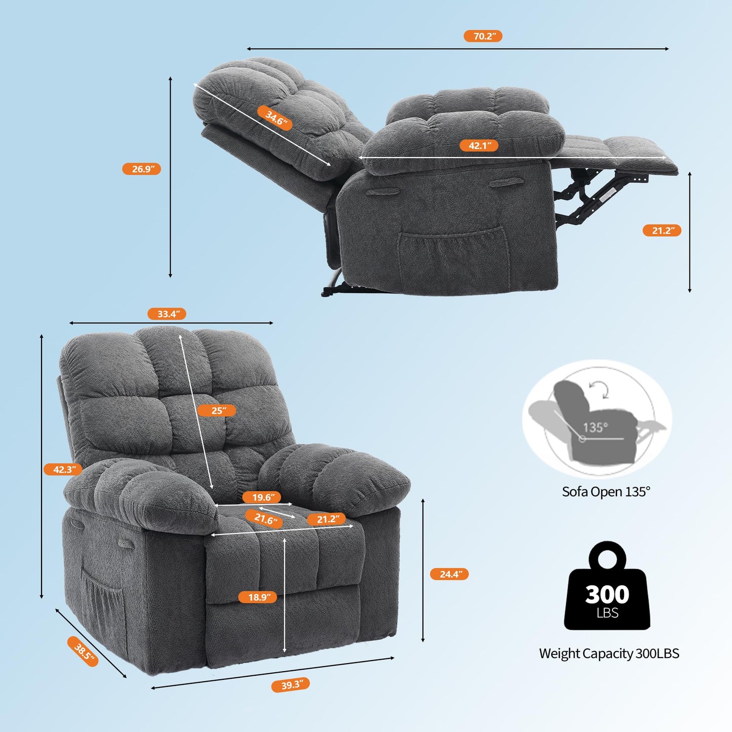 21.2'' Manual Recliner Chair,Ergonomic Overstuffed Breathable Fabric Reclining Chair with Side Pockets,Q235 Steel Frame Lazy Boy Recliner Single Sofa for Living Room Bedroom