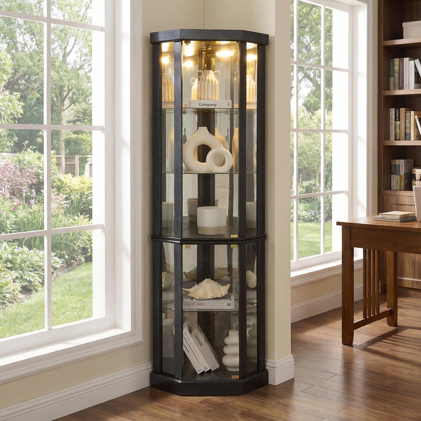 Trygoal 70" H Lighted Glass Display Cabinet, 3-Side Corner Curio Cabinet with Tempered Glass Doors, Elegant China Cabinet Dis, Black