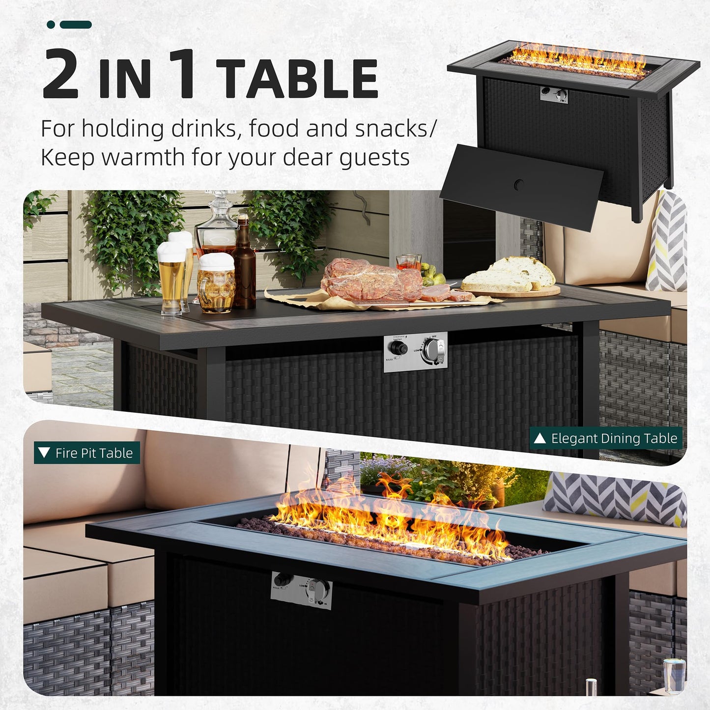 44 inch Propane Fire Pit Table, 50,000 BTU Outdoor Gas Fire Pit Table with Lid, Waterproof Cover, Rectangle Gas Firepit Table for Garden/Patio