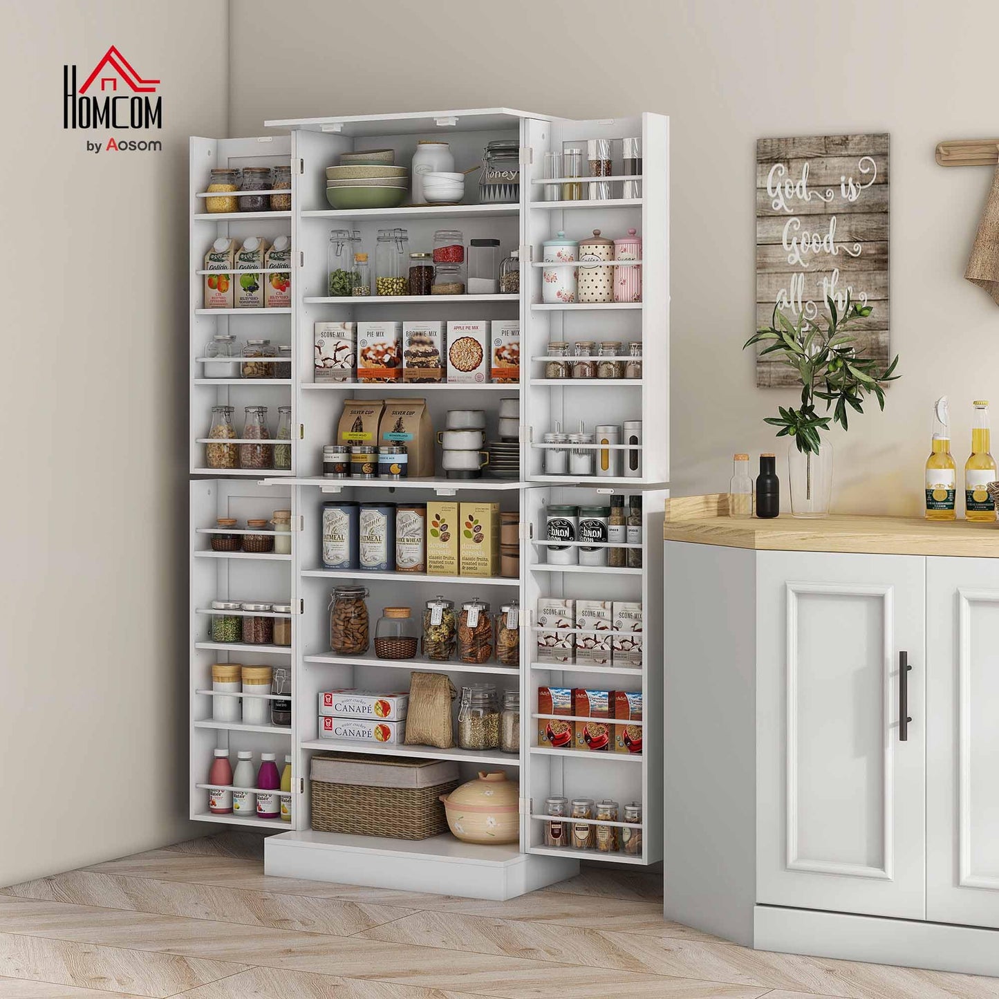 HOMCOM 65" Kitchen Pantry Storage Cabinet, Freestanding Kitchen Cabinet with 16 Door Shelves, Double Doors, 8-Tier Shelving and Adjustable Shelves, White