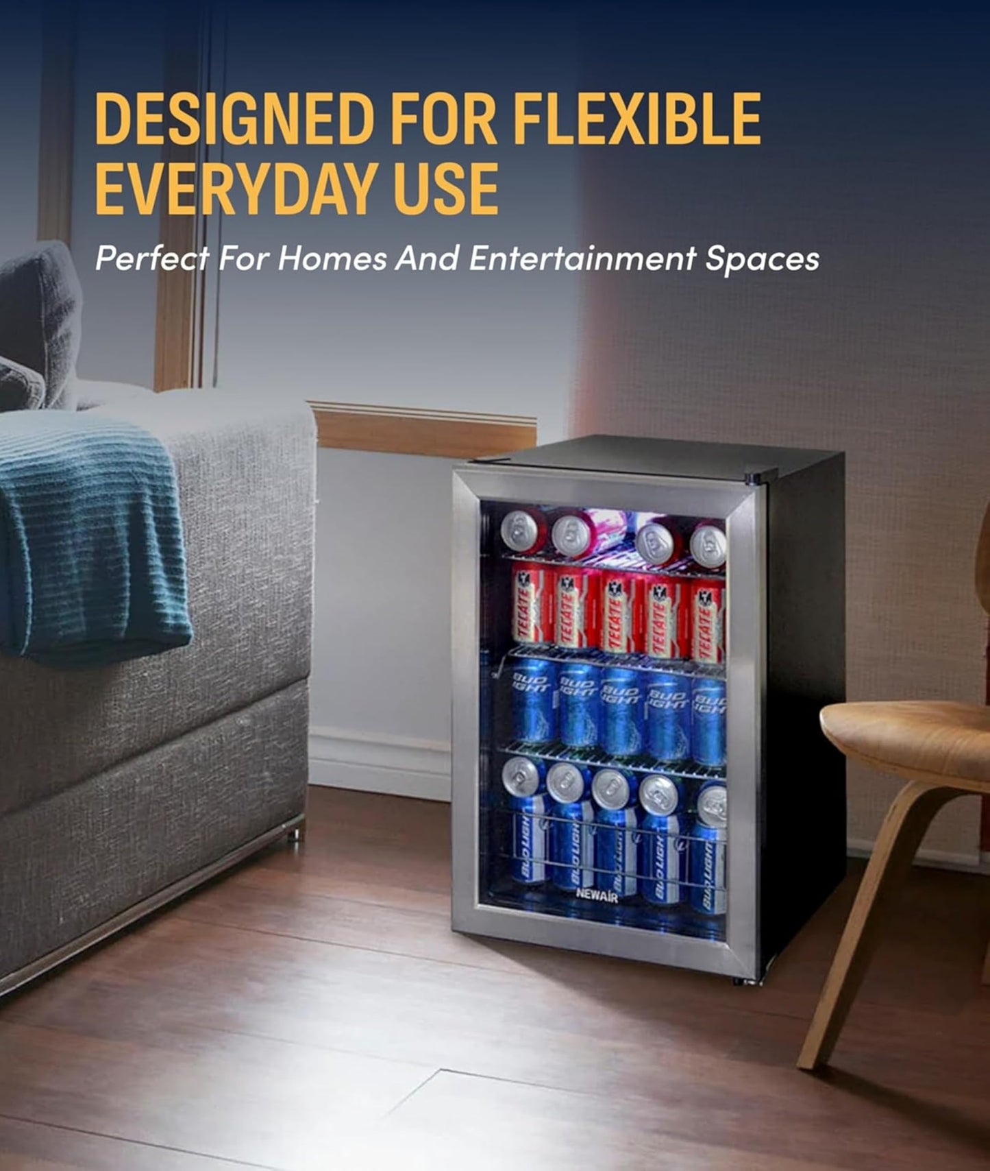 NewAir 90 Can Beverage Refrigerator | 17” Freestanding Small Mini Fridge for Bedroom, Home Bar or Office | Quiet Compressor Cooling & Adjustable Shelves | Stainless Steel
