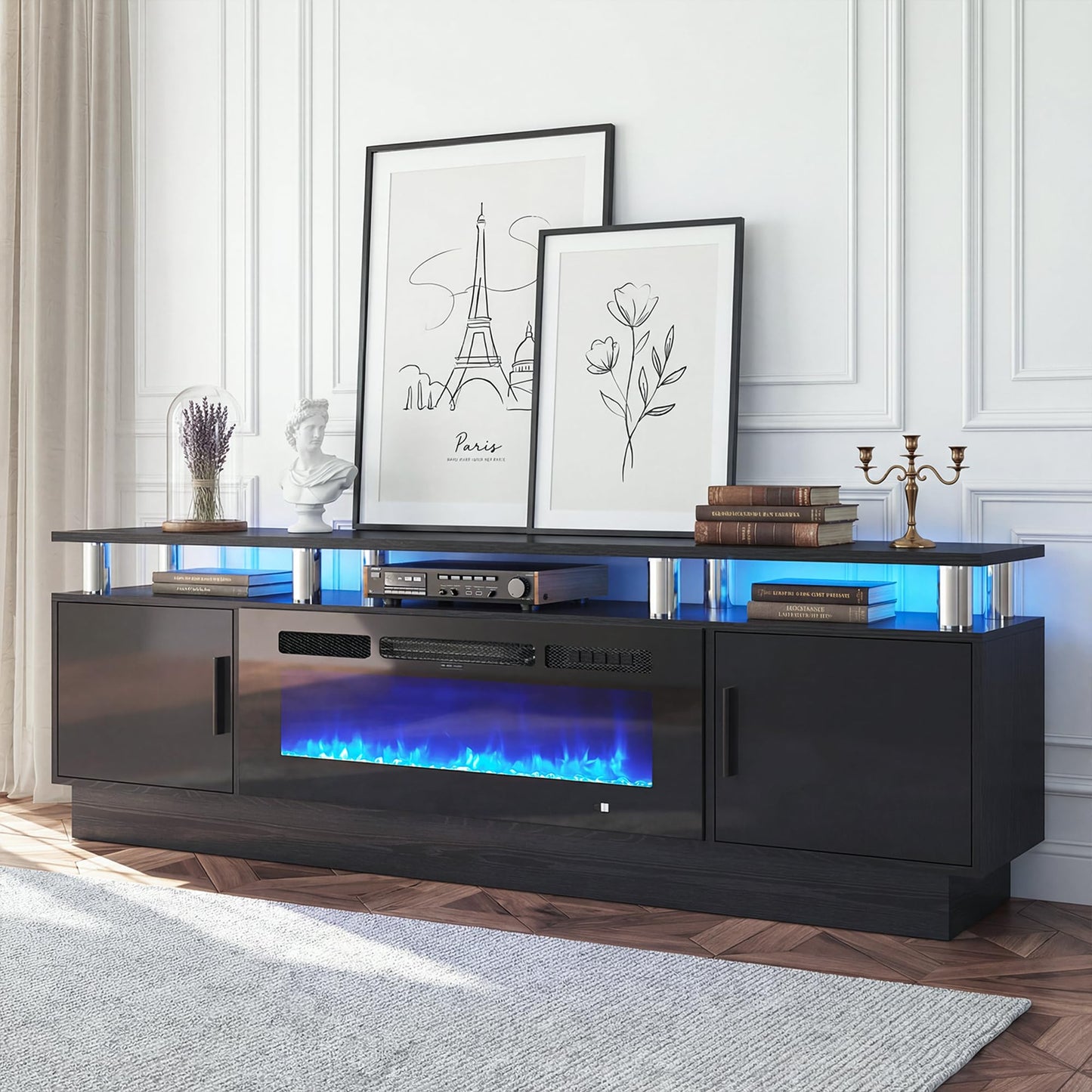 OneBlis 80" Fireplace TV Stand for TVs UP to 90", Electric Fireplace Entertainment Center with LED Lights & Storage Cabinets, TV Console for Living Room, Office, Black-Black