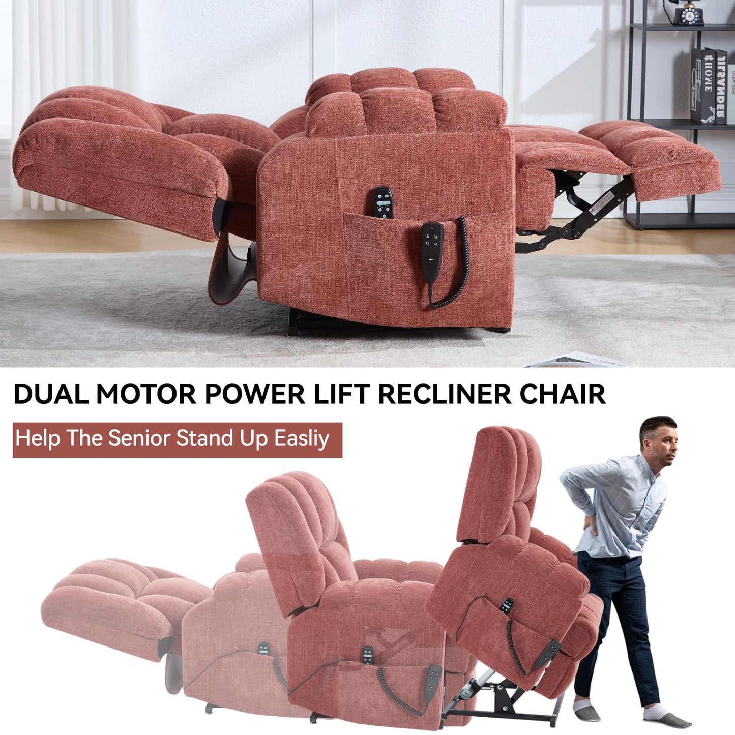 KEIKI Oversized Dual Motor Power Lift Recliner Chair for Elderly, Chenille Upholstery Breathable Rocking Chair with Back Massager and Heated, Home Theater Relaxation and Movie Nights, Red