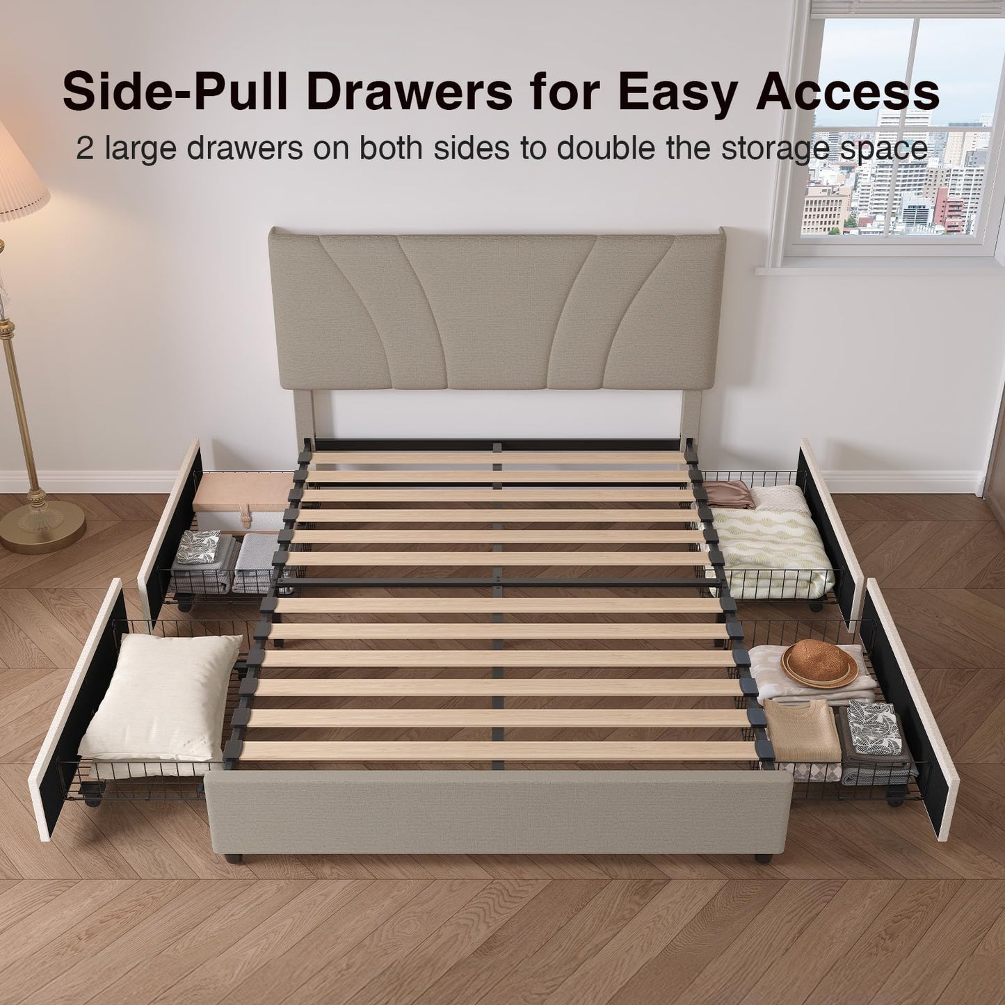 Novilla King Bed Frame, King Bed Frame and Headboard, King Size Bed Frame with Drawers, King Bed Frame with LED Lights, Charging Station and Adjustable Headboard, No Box Spring Needed, Beige