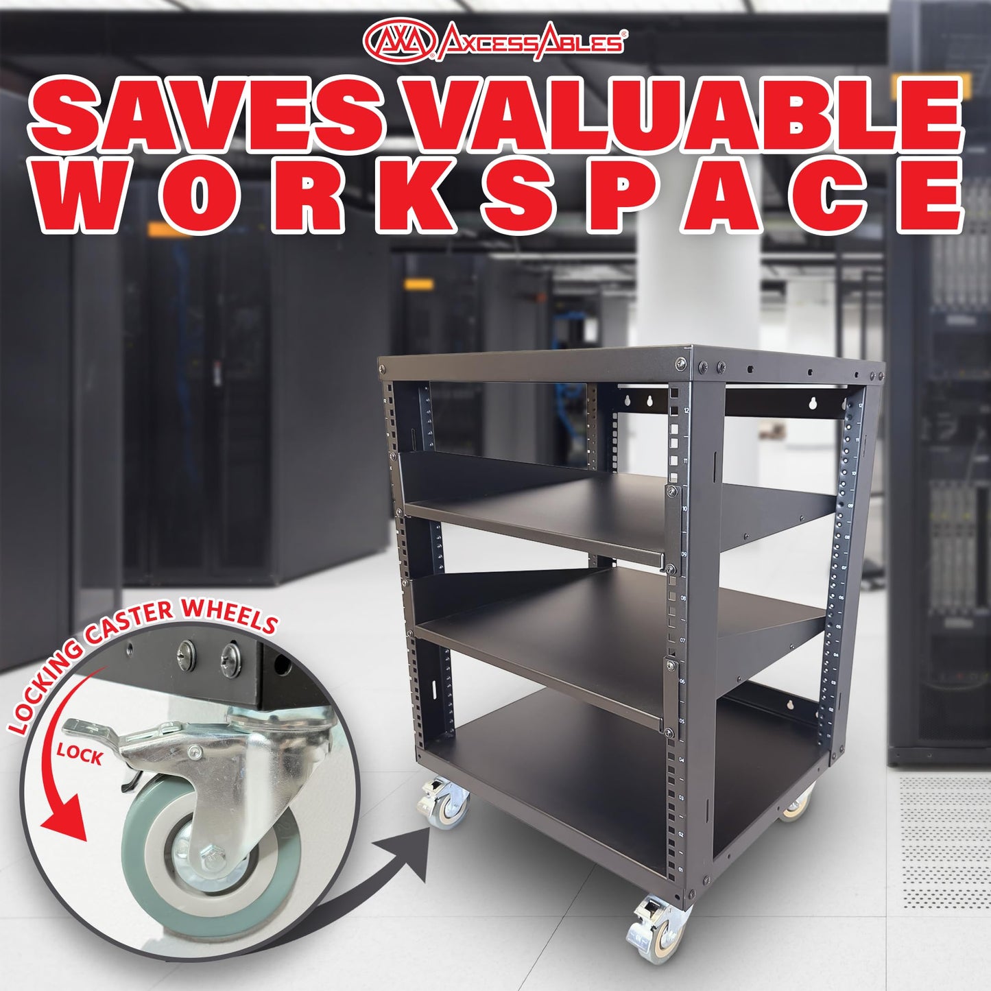 AxcessAbles 12U Open Frame Network & AV Rack with Caster Wheels, Two 2U Shelves, 10-32 & Cage Nut Compatible Rails, Cage Nuts, Screws, Cage Nut Tool & Wall Mount Kit | 19-Inch Rack
