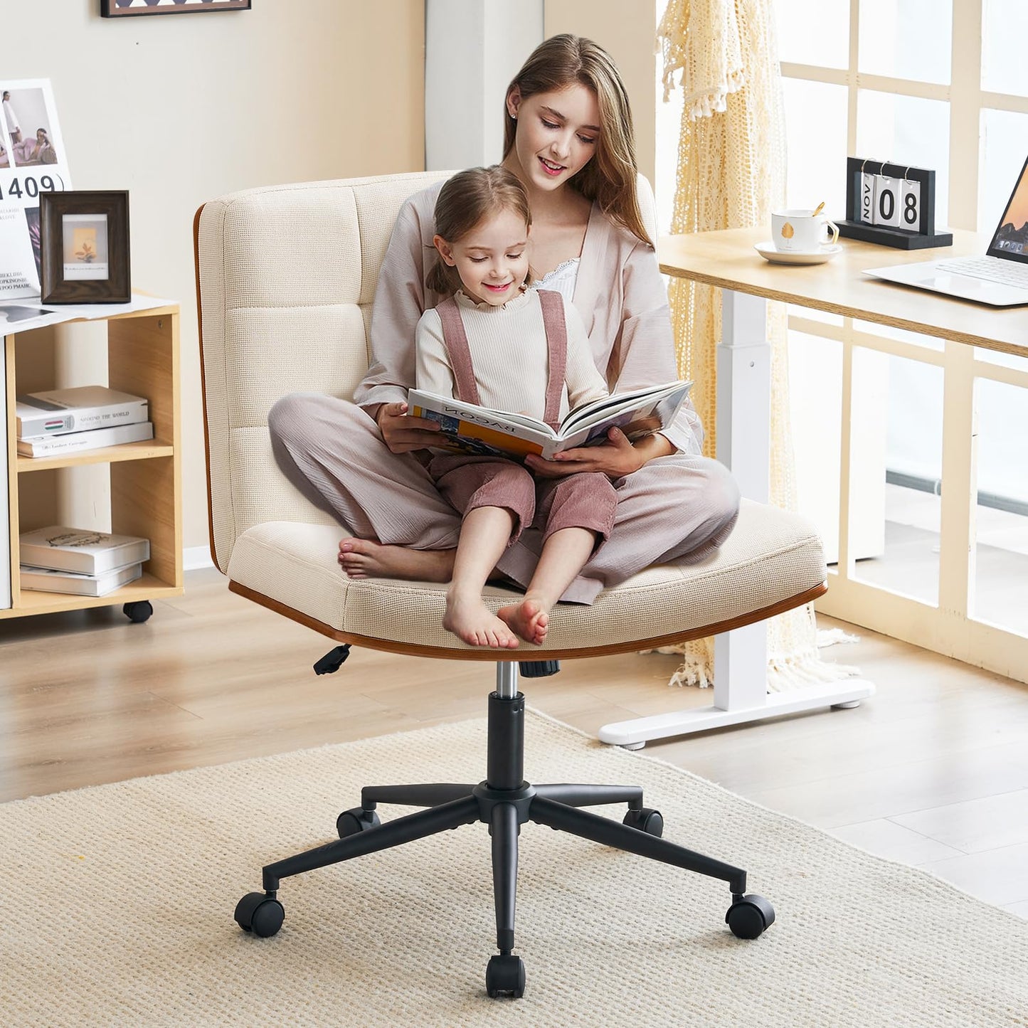 Furnimart Heavy-Duty FSC Wooden Wide Desk Chair, 360° Swivel Criss Cross Office Chair with Wheels, Comfy Cross Legged Sitting, Armless Rolling Chair for Bedroom, Office, Vanity (Linen Beige)