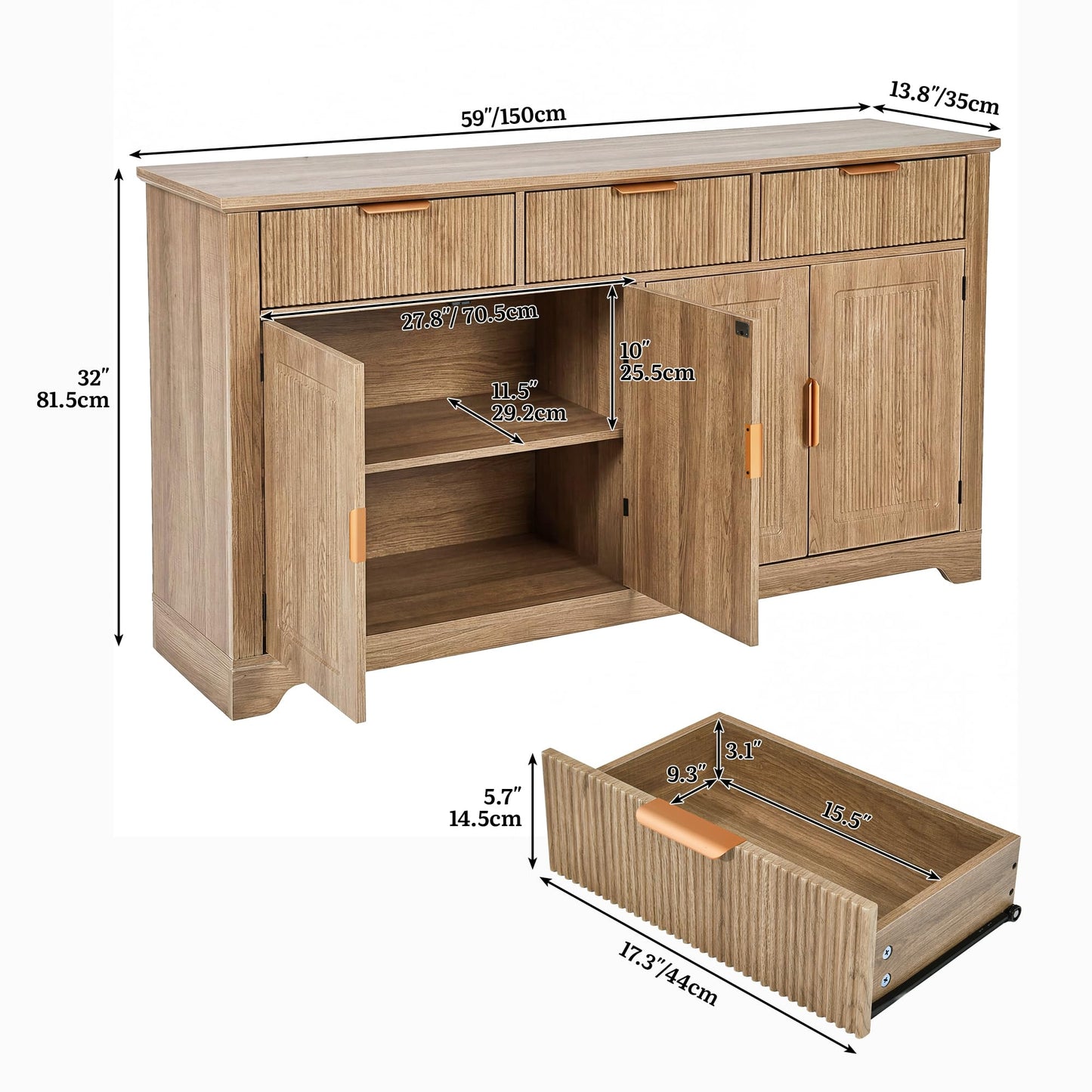 DWVO 59" Fluted Buffet Cabinet with Storage Natural Oak