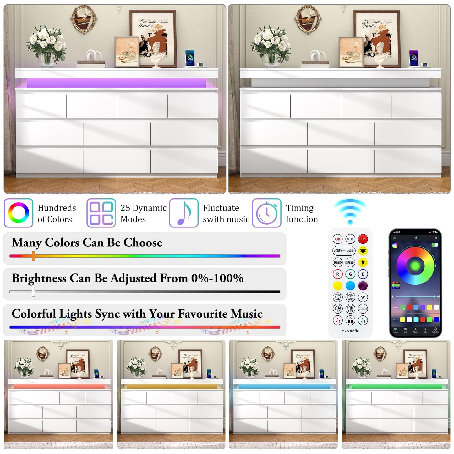 10 Drawer Dresser for Bedroom, 63“ Wide 34” Tall Drawer Organizer Cabinet with LED Light and Charge Station, Modern Chest of Drawers for Closet, Living Room, Entryway, Hallway (White, 10 Drawers)