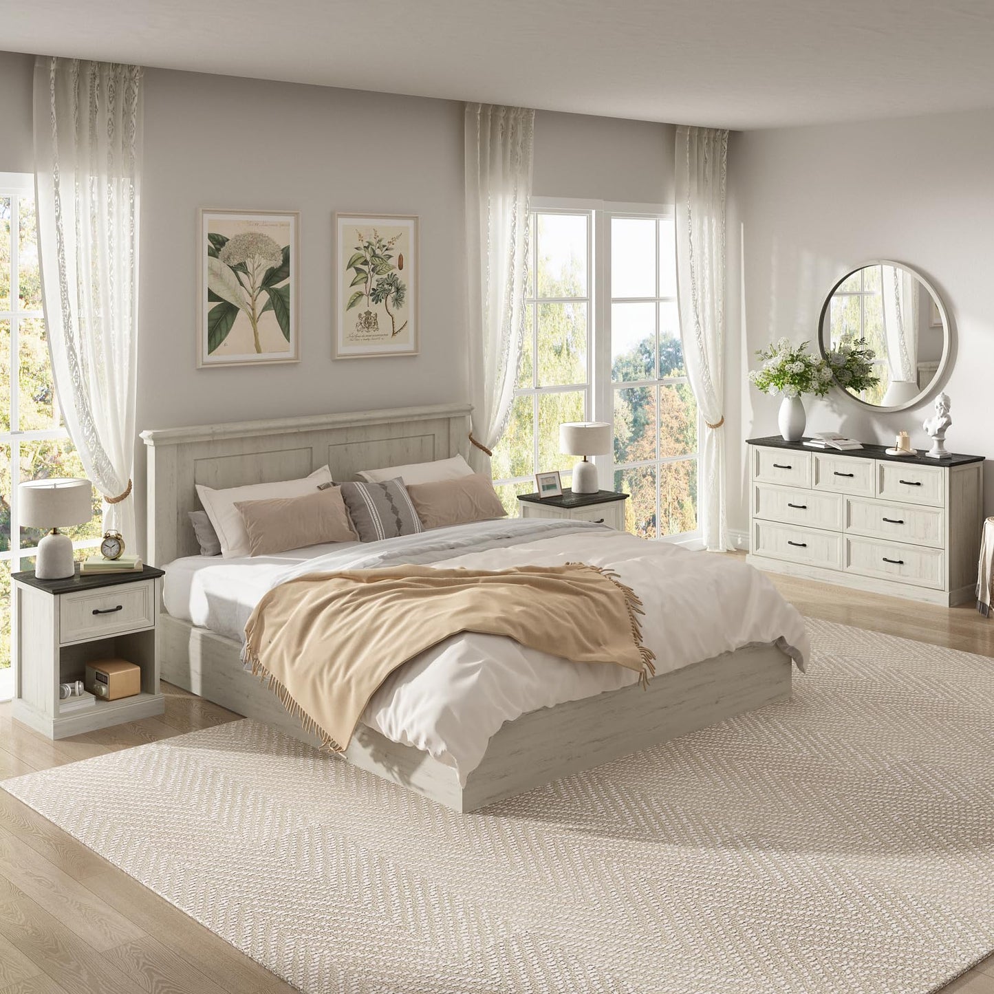 CARPETNAL Farmhouse Dresser and Nightstand Sets for Bedroom, 3 Pcs Bedroom Set, 7 Drawer Dresser & Nightstand Set of 2, Modern Wood Chest of Drawers for Bedroom, Living Room, Entryway, White