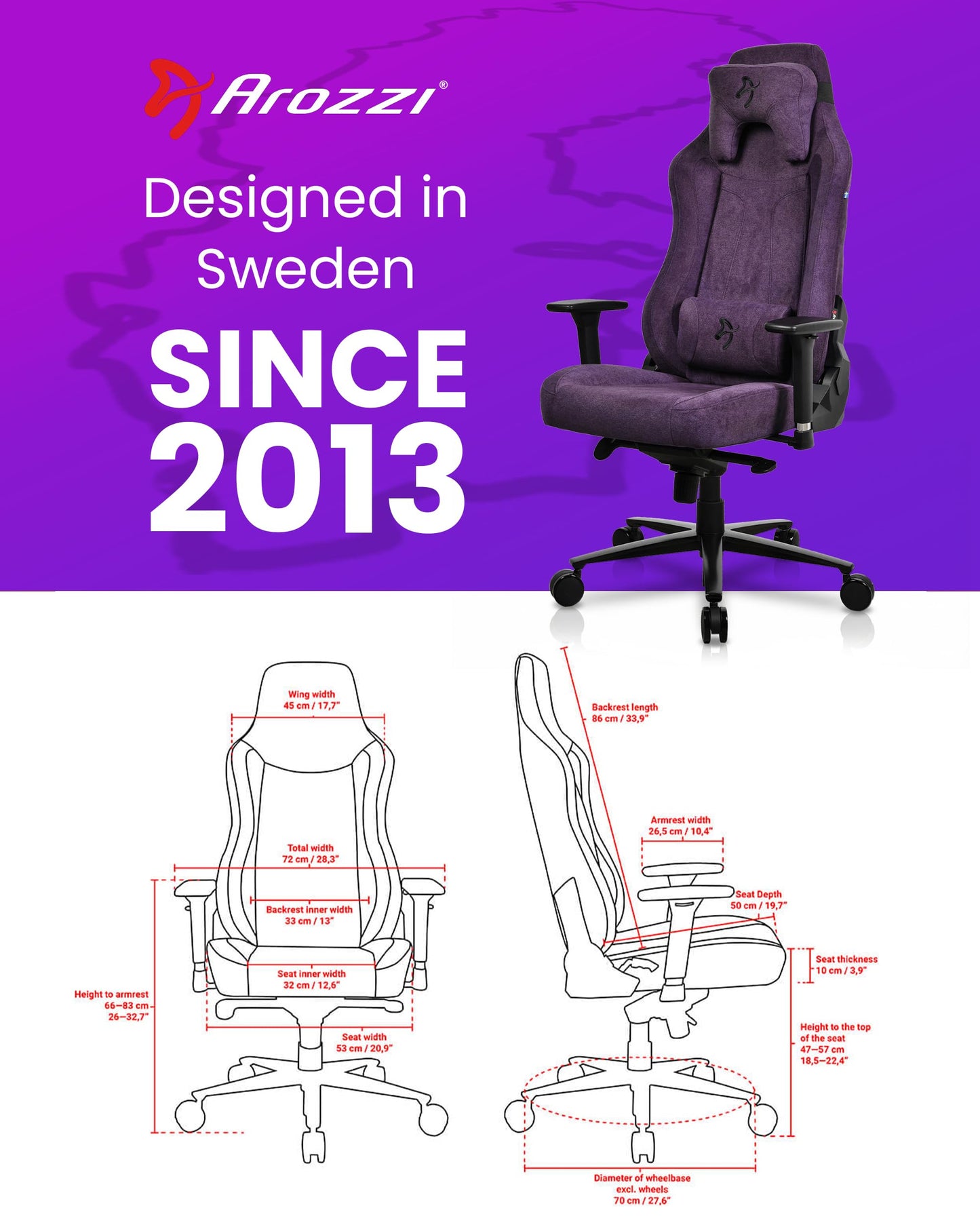 Arozzi Vernazza Gaming Chair - Soft Fabric Gaming Chairs for Adults Adjustable Height, Large Spacious Seat & Backrest with Support Pillows - Swedish Design Home Office Computer Chairs, Purple