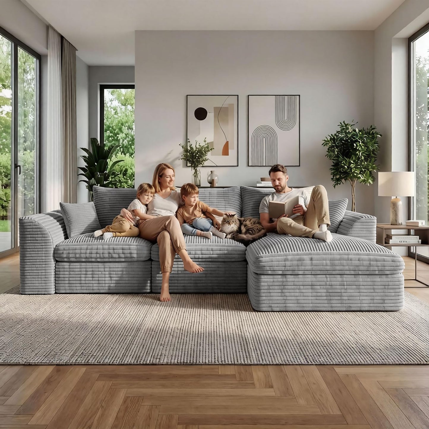 102-Inch L-Shaped Modular Boneless Cloud Sectional Sofa 4 Seat Floor Foam Sofa Couches Deep Seat with Ottoman,Comfy Corduroy Upholstered 4 PCS Compressed Cloud Couch