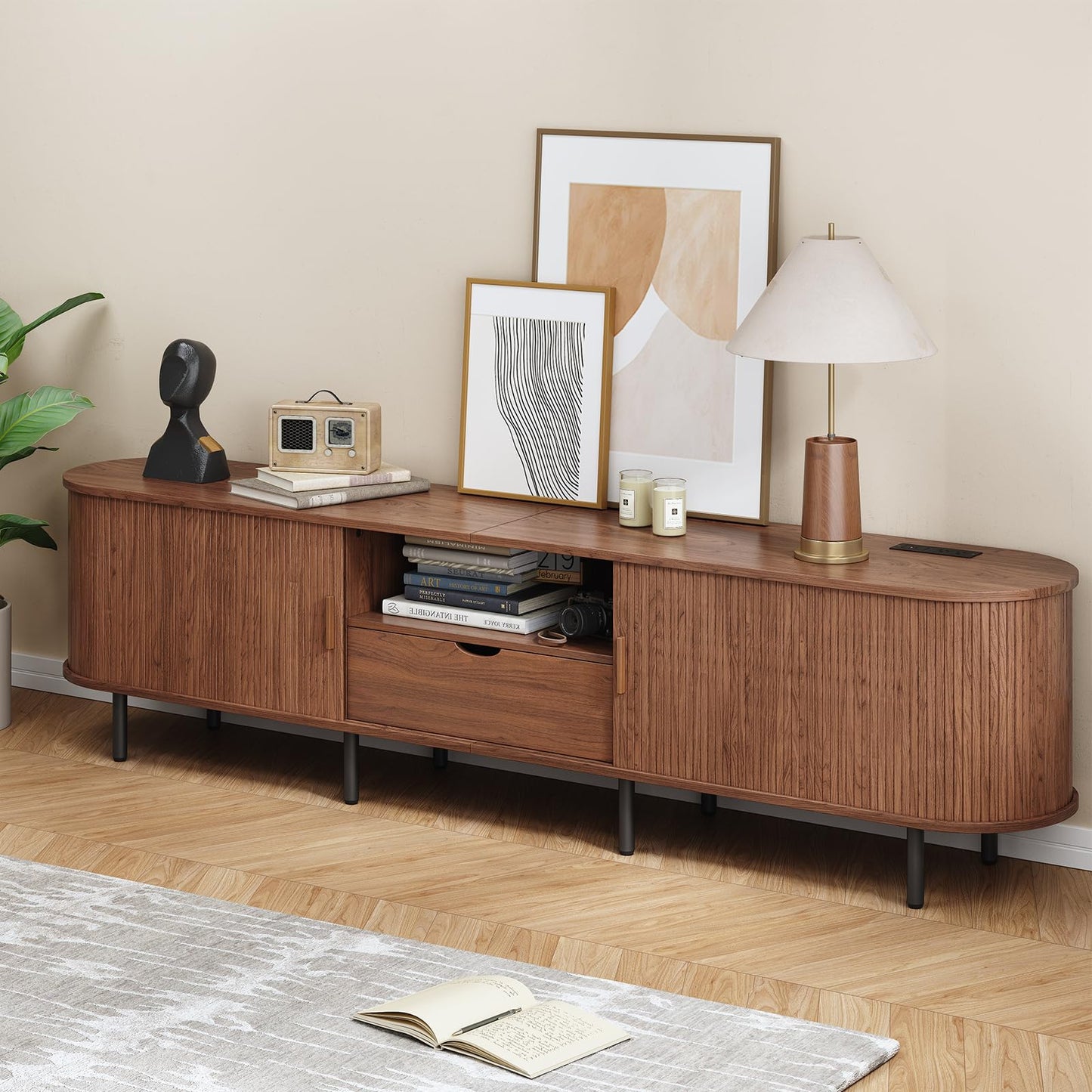 ONBRILL 86.6" TV Stand with Power Outlet for TVs up to 90", Entertainment Center with Storage and Drawer, TV Console with Adjustable Shelves and Sliding Door, TV Stand for Living Room, Bedroom, Walnut