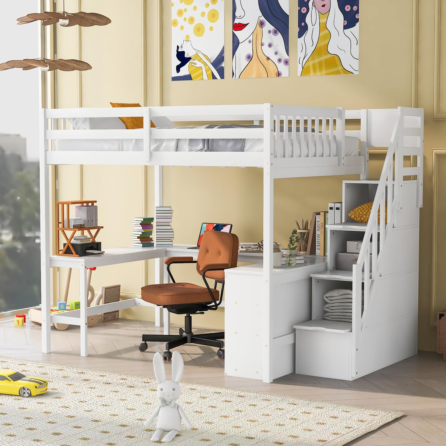 Merax Solid Pine Wood Full Size Loft Bed Frame with Built-in L Shaped Desk & Three-Tier Shelves & Attached Storage Staircase for Kids, Loft Bed with Large Under-Bed Space, No Box Spring Needed, White