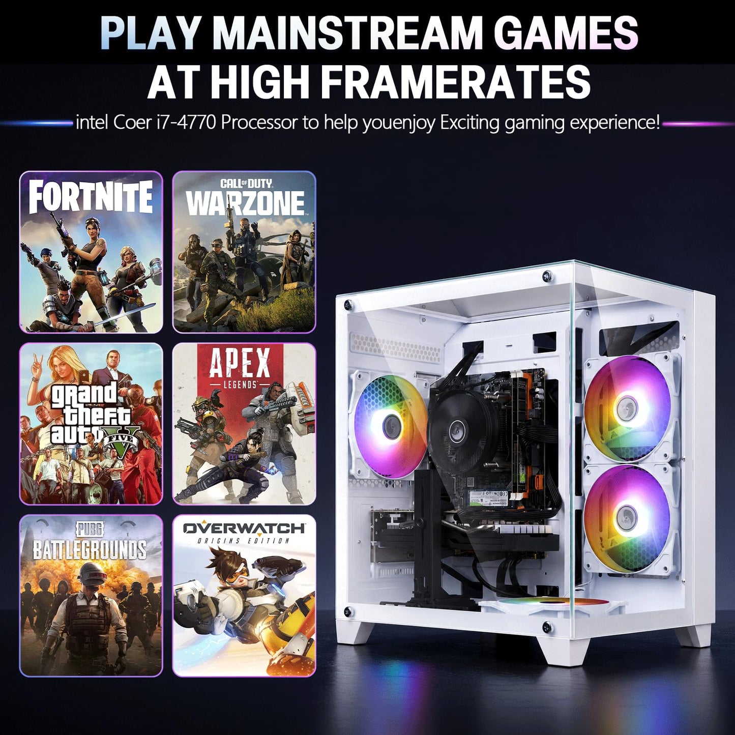 ZER-LON Gaming PC Desktop Computer, Intel Core I7 up to 3.9GHz, GTX 1050Ti 4G GDDR5, 16G RAM, 512GB SSD, WiFi 5.0, Prebuilt Gaming PC Tower Computer with 5 RGB Fan