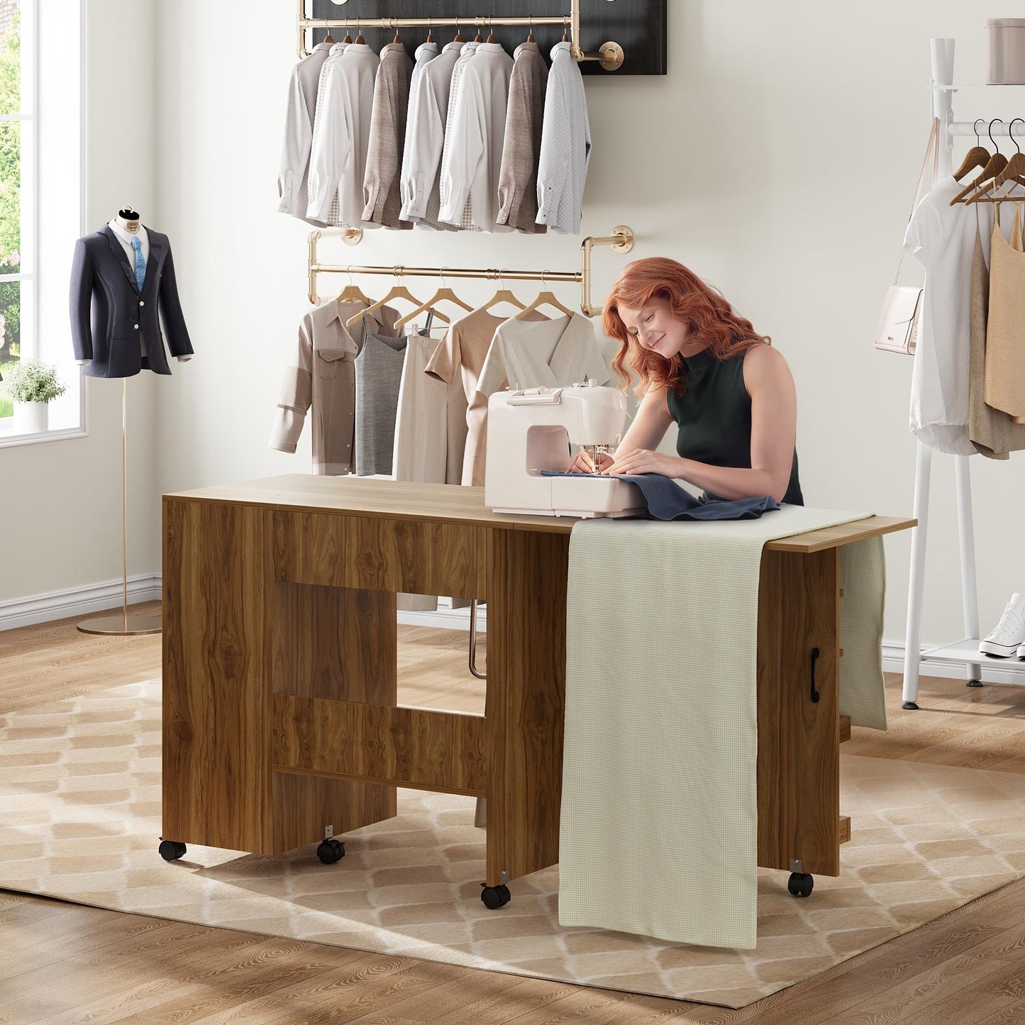 Garvee Folding Sewing Machine Table with Storage Shelves and Sliding Drawer, Rolling Side Desk for Sewing Machine, Craft Station with Lockable Wheels for Home, Bedroom, Small Spaces, Brown