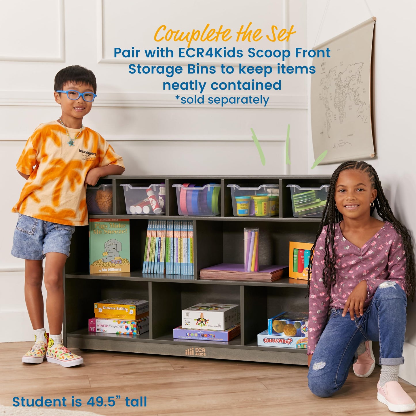 ECR4Kids 5+5 Cubby and Storage Mobile Tray Cabinet, Classroom Furniture, Grey Wash