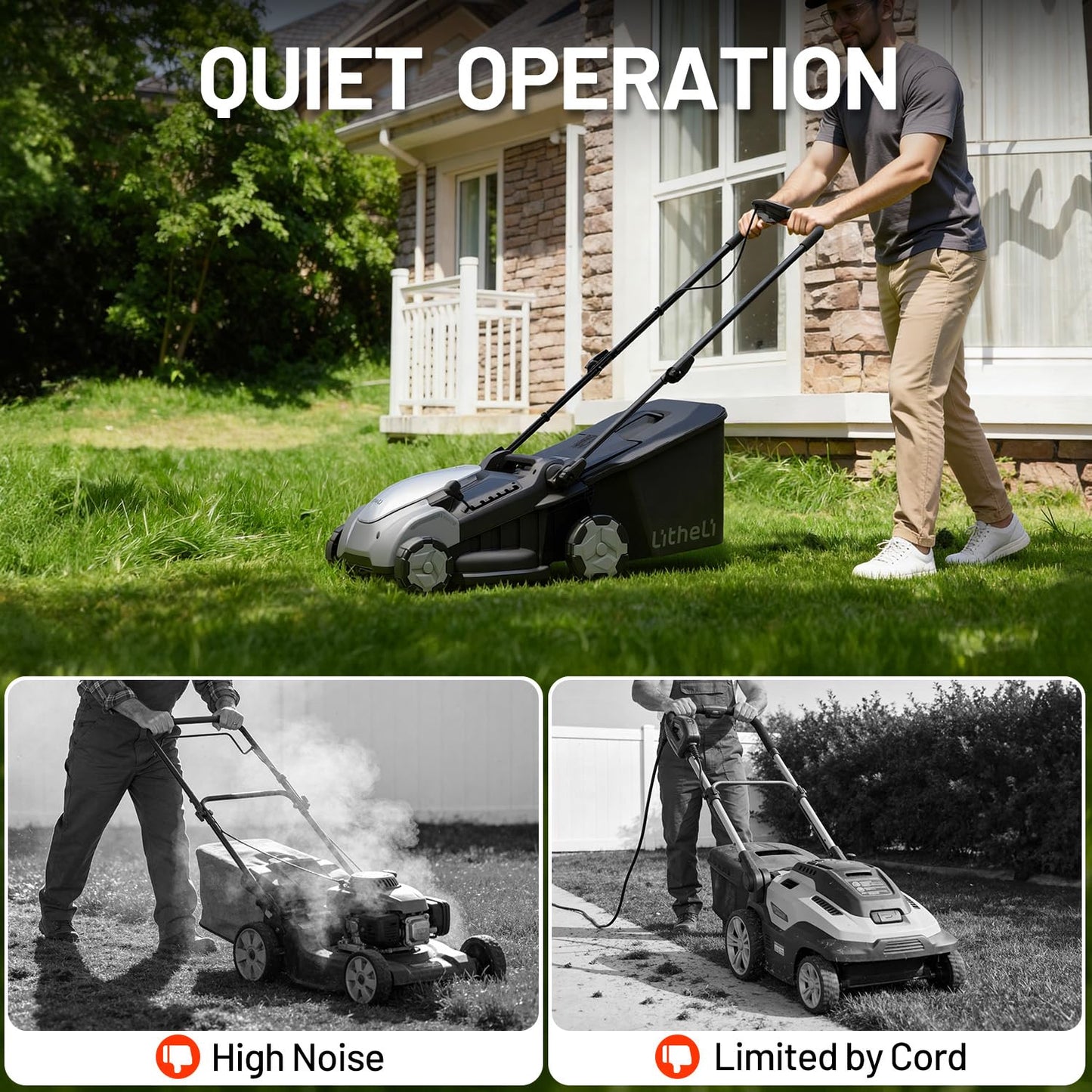 Litheli 2x20V 16 Inch Cordless Lawn Mower, Brushless Battery Powered Push Mower, 6 Adjustable Cutting Heights 25-75mm, 50L Collection Bag & Mulching, 2x5.0Ah Batteries and Charger Included