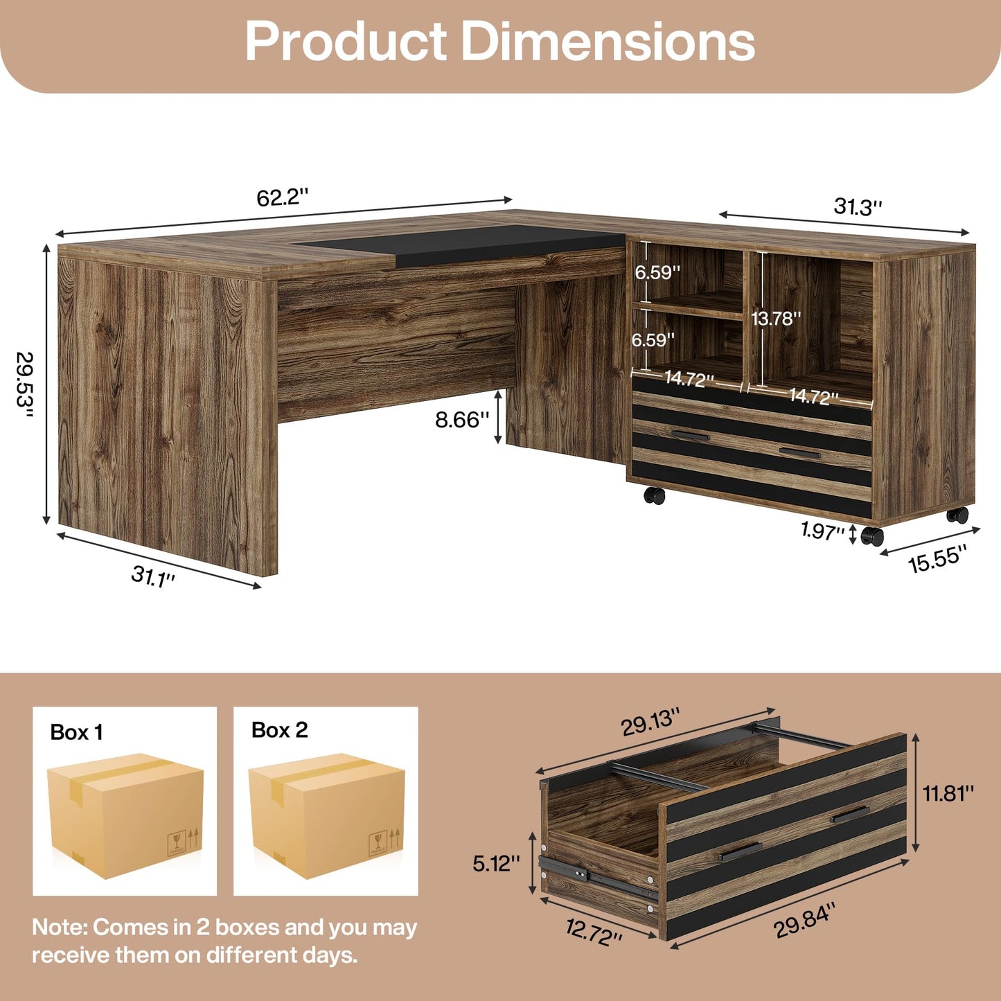 Tribesigns 62.2" Executive Desk with Mobile File Cabinet, L-Shaped Office Desk with Storage Shelves, Large Computer Desk Business Workstation Set for Home Office, Light Brown
