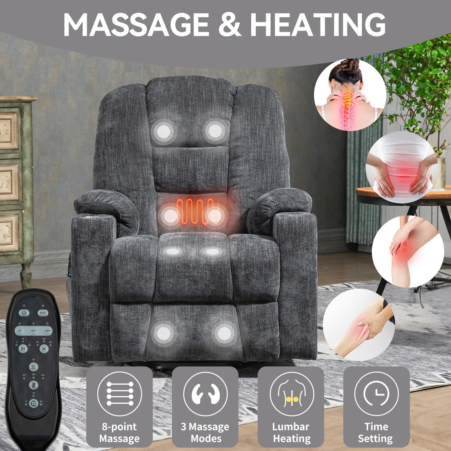 KEIKI Oversized Power Lift Recliner Chair with Heat & Massage, Reding Rocking Chair for Elderly, High Seat Comfy Chenille Recliner with Side Pockets, USB Port, Cup Holders & Lumbar Support, Grey