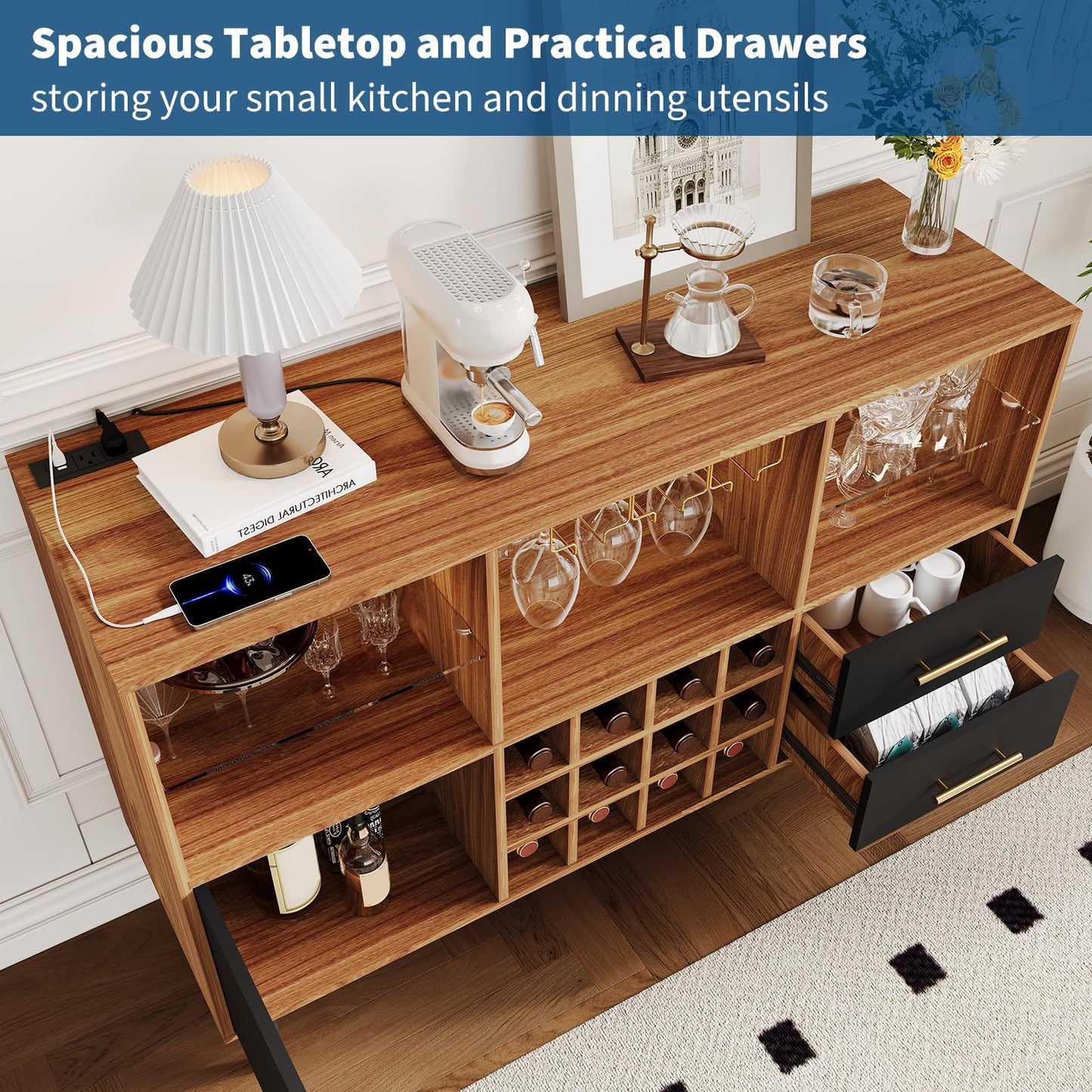 47 Inch Bar Cabinet with LED Lights & Charging Station, Modern Sideboard Buffet Cabinet with Storage Drawers, Wine Rack & Doors, Coffee Bar Table for Living Room, Dining Room, Home- Wood & Black