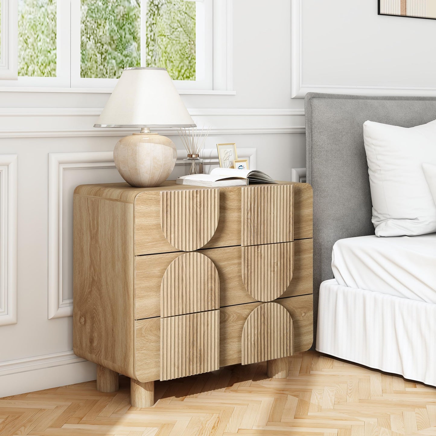 Janmer Home 3 Drawer Dressers for Bedroom, 31.5" Wide Large Mid Century Modern Fluted Nightstand, Wood Dresser & Chest of Drawers with Curved Profile for Living Room, Entryway, Hallway, Natural