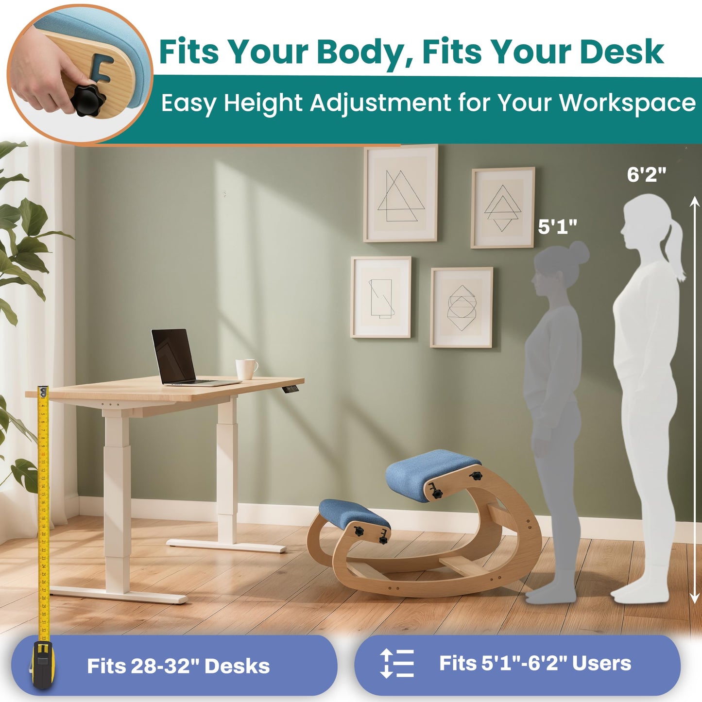 NYPOT Ergonomic Kneeling Chair with Adjustable Seats - Knee Chair for Posture Correction & Kneel Rocking Stool for Desk - Back Pain Relief for Home and Office, Supports 250 pounds - 5 Years Warranty