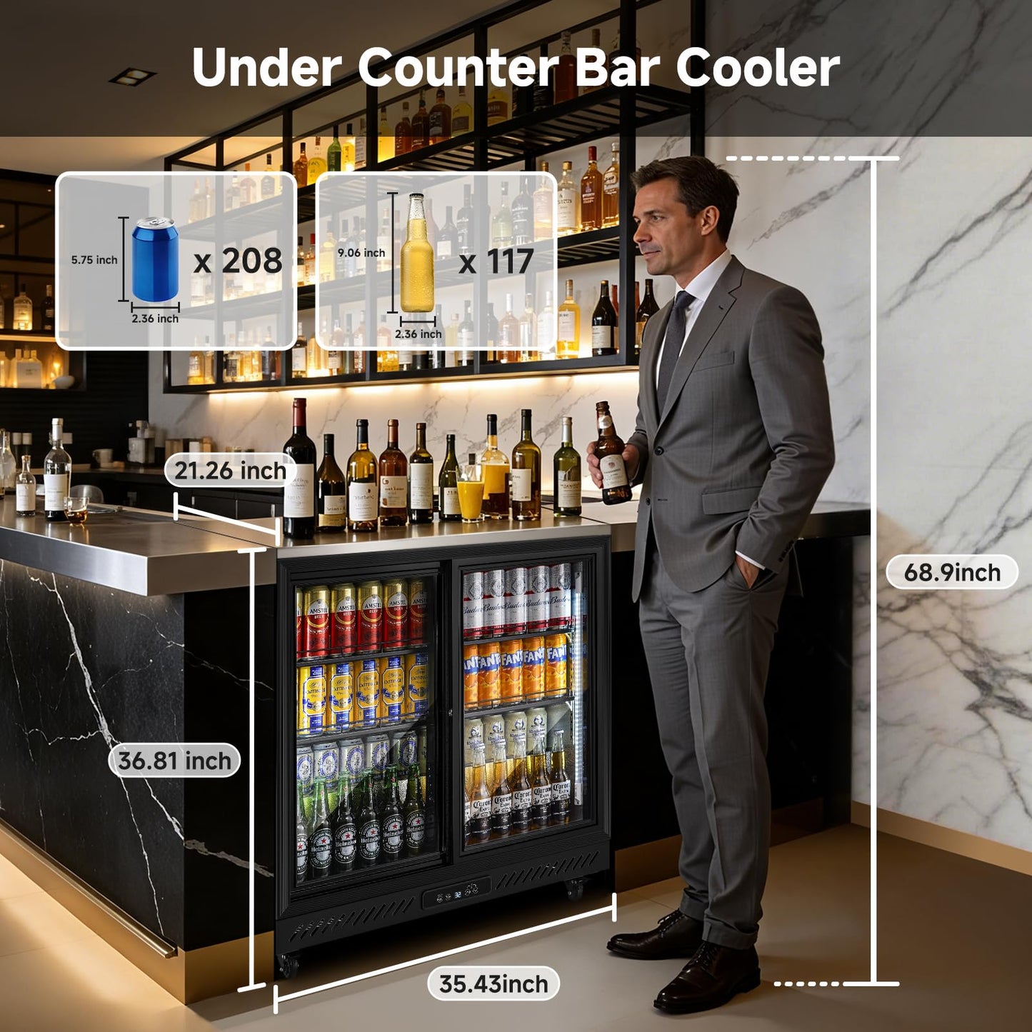 BODEGA BODEGACOOLER Back Bar Cooler,7.7 Cu.ft Commercial Beverage Refrigerator with 2 Sliding Glass Doors,Beverage Fridge with 4 Caster Perfect for Beer,Stainless Steel Top, Wine,Soda,DOE Approved
