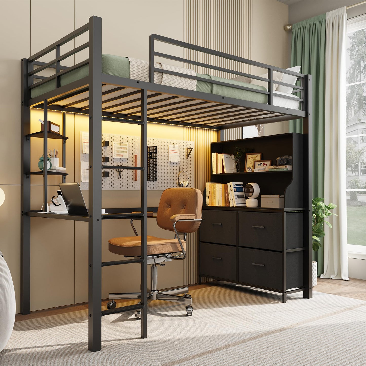 Twin Size Loft Bed with Desk, 4 Large Fabric Drawers and Open Shelves, Heavy Duty Metal Loft Bed with LED Lights, Power Outlets, Safety Guardrails & Ladder, Space Saving, No Box Spring Needed, Black