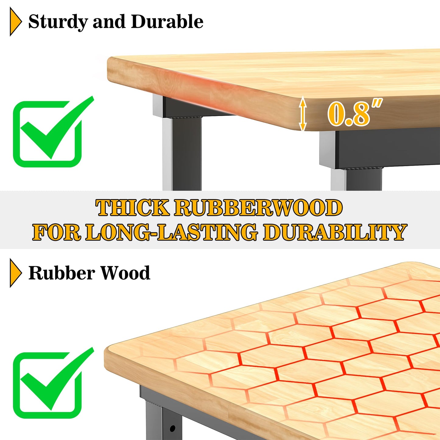 Ultrawall Workbench for Garage, Adjustable Height Work Table, Heavy Duty Rubber Wood Workstation for Workshop, Office, Home (60 x 23.5 inch)