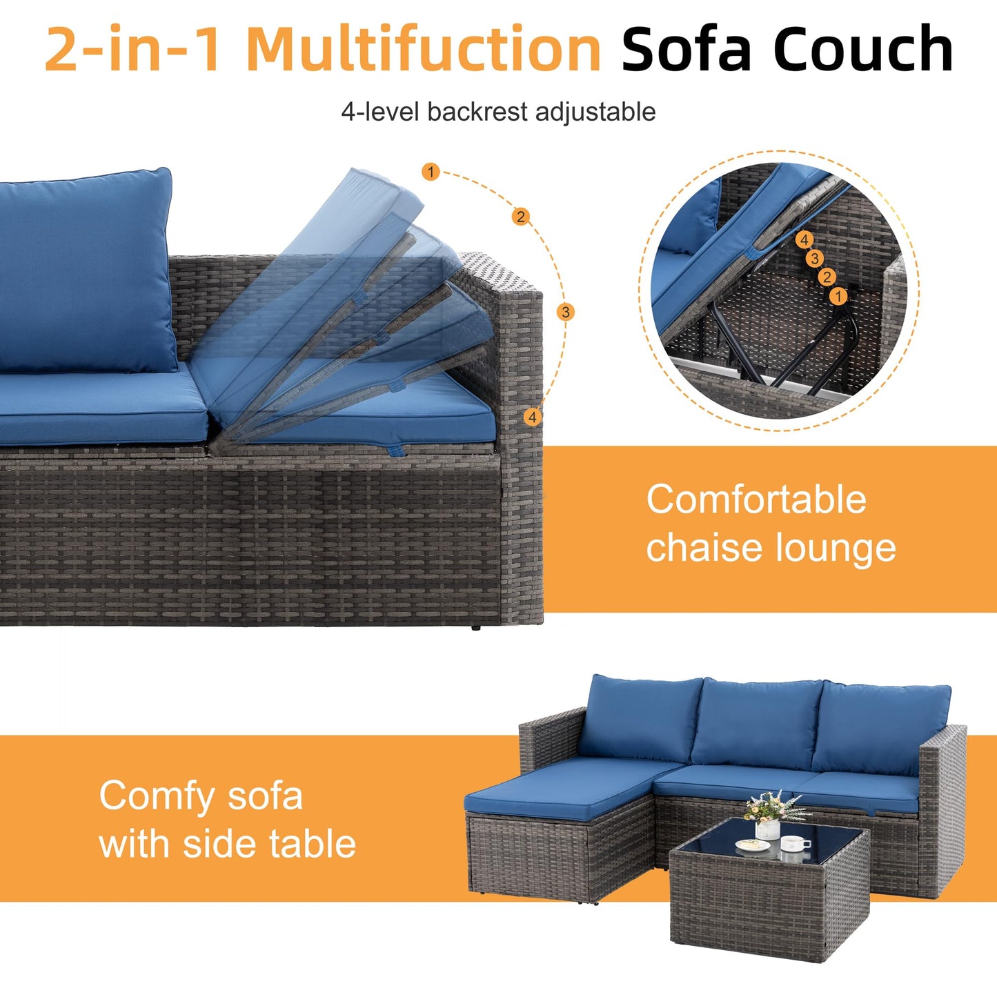 Shintenchi 4 Pieces Patio Furniture Set, 2-in-1 Convertible Sectional Sofa & Chaise Lounge, All-Weather Wicker Rattan Sofa Couch with Cushions & Coffee Table for Yard, Garden, Porch, Poolside