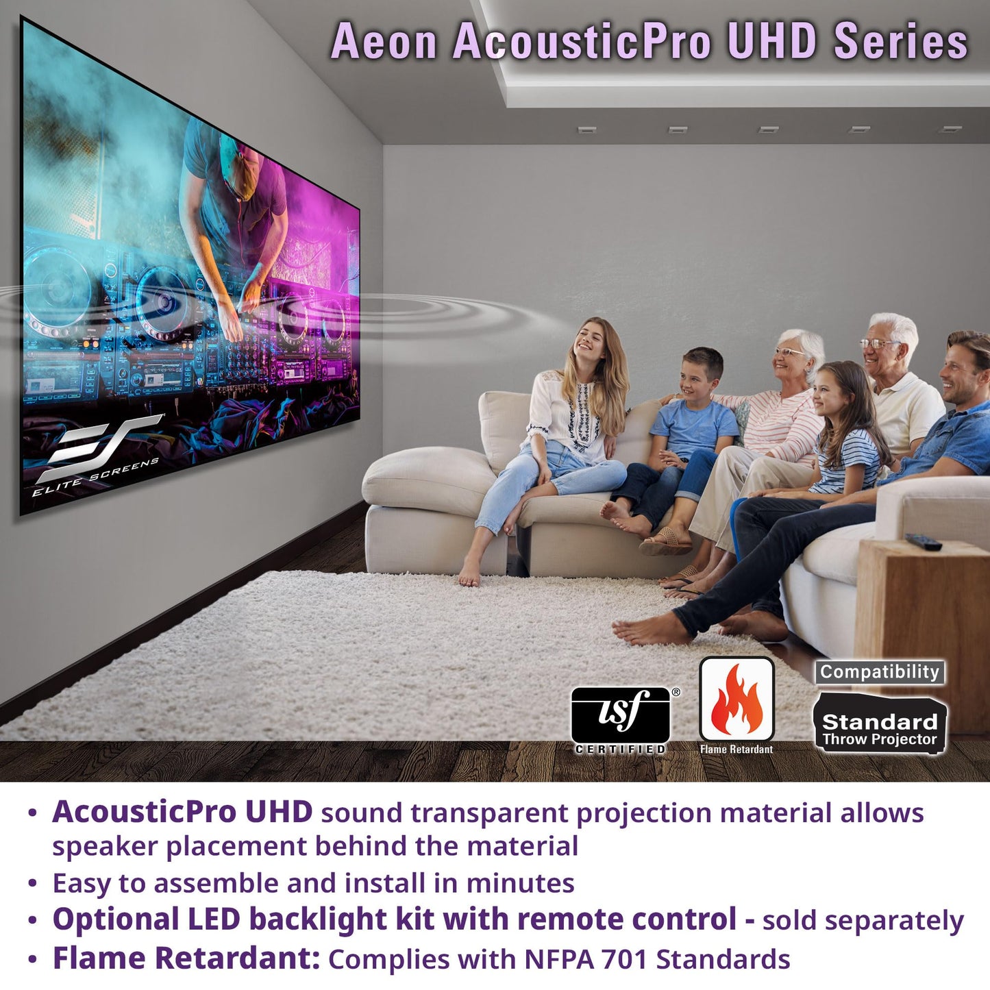 Elite Screens Aeon AcousticPro UHD 165-INCH Diag. 16:9, 4K Home Theater Fixed Frame Edge Free Projection Sound Transparent Perforated Weave Projection Screen, AR165H2-AUHD