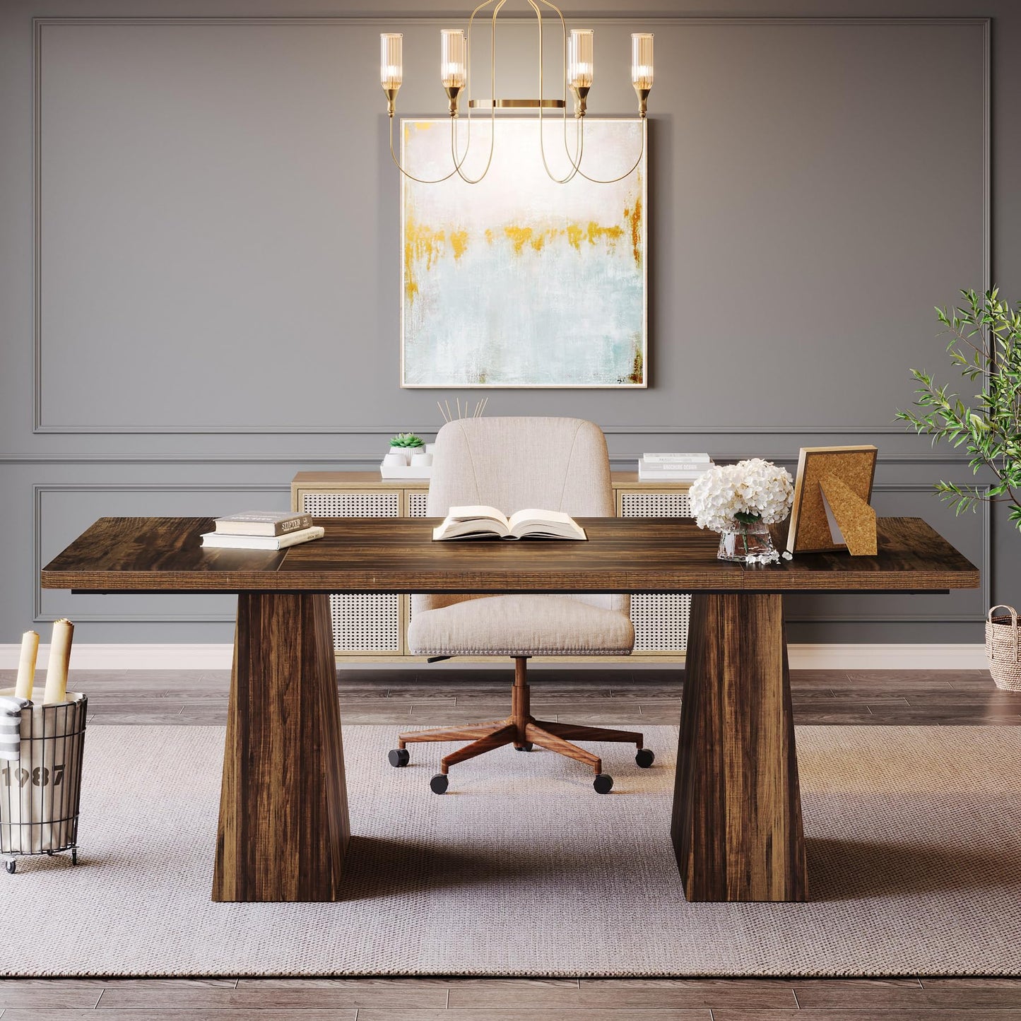 Tribesigns 63-Inch Executive Desk, Large Office Computer Desk with Double Pedestal, Modern Simple Workstations Writing Table Conference Table Business Furniture for Home Office, Rustic Brown