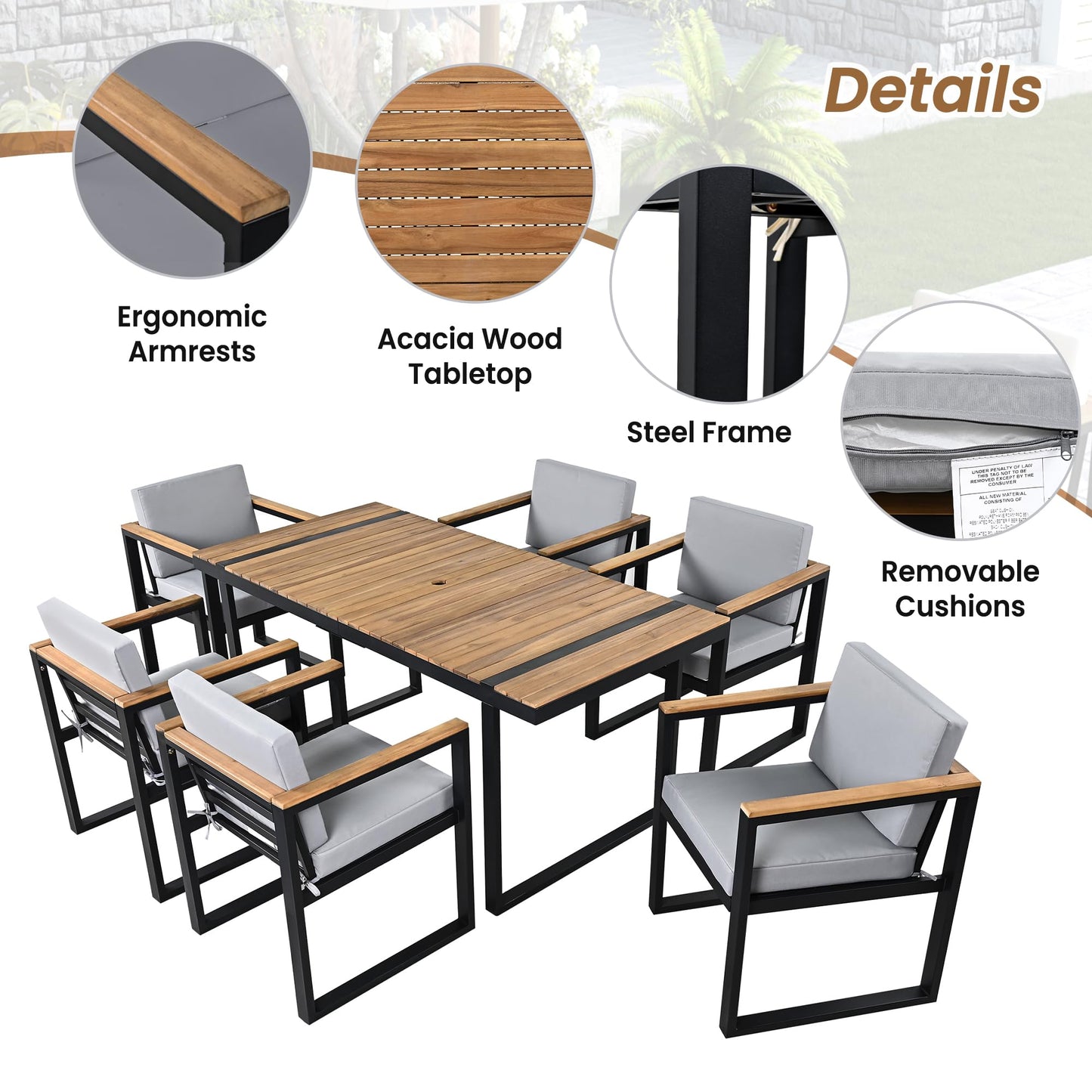 Outdoor Patio Sofa Set 4-Piece with Cushions, Woven Rope Design Seating, Acacia Wood & Steel Frame, Water-Resistant Fabric, 3-Seat Couch, Chairs & Dual-Layer Coffee Table for Garden Balcony, Grey
