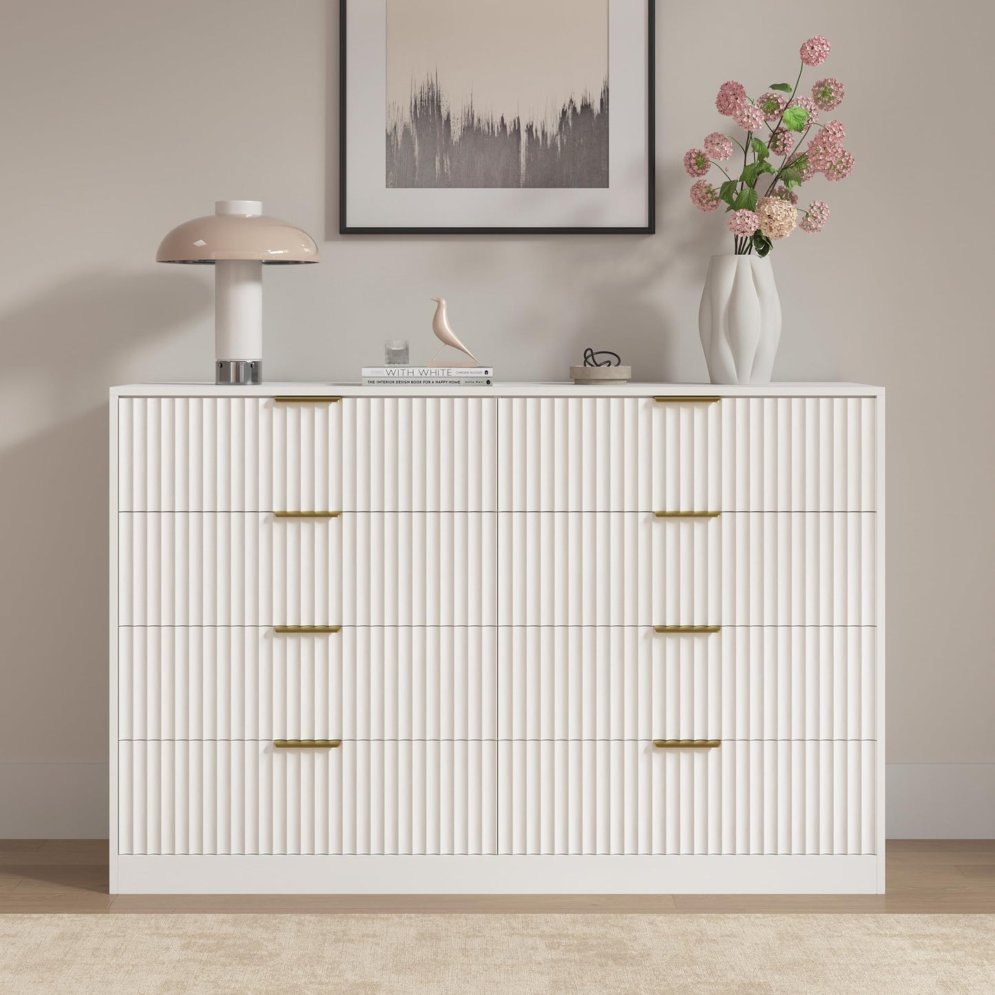 RESOM White 8 Drawer Dresser for Bedroom, 55" Wide Fluted Chest of Drawers with Gold Metal Handles, Modern Wooden Dresser, Closet Storage Organizer Mid Century TV Stand for Living Room Hallway