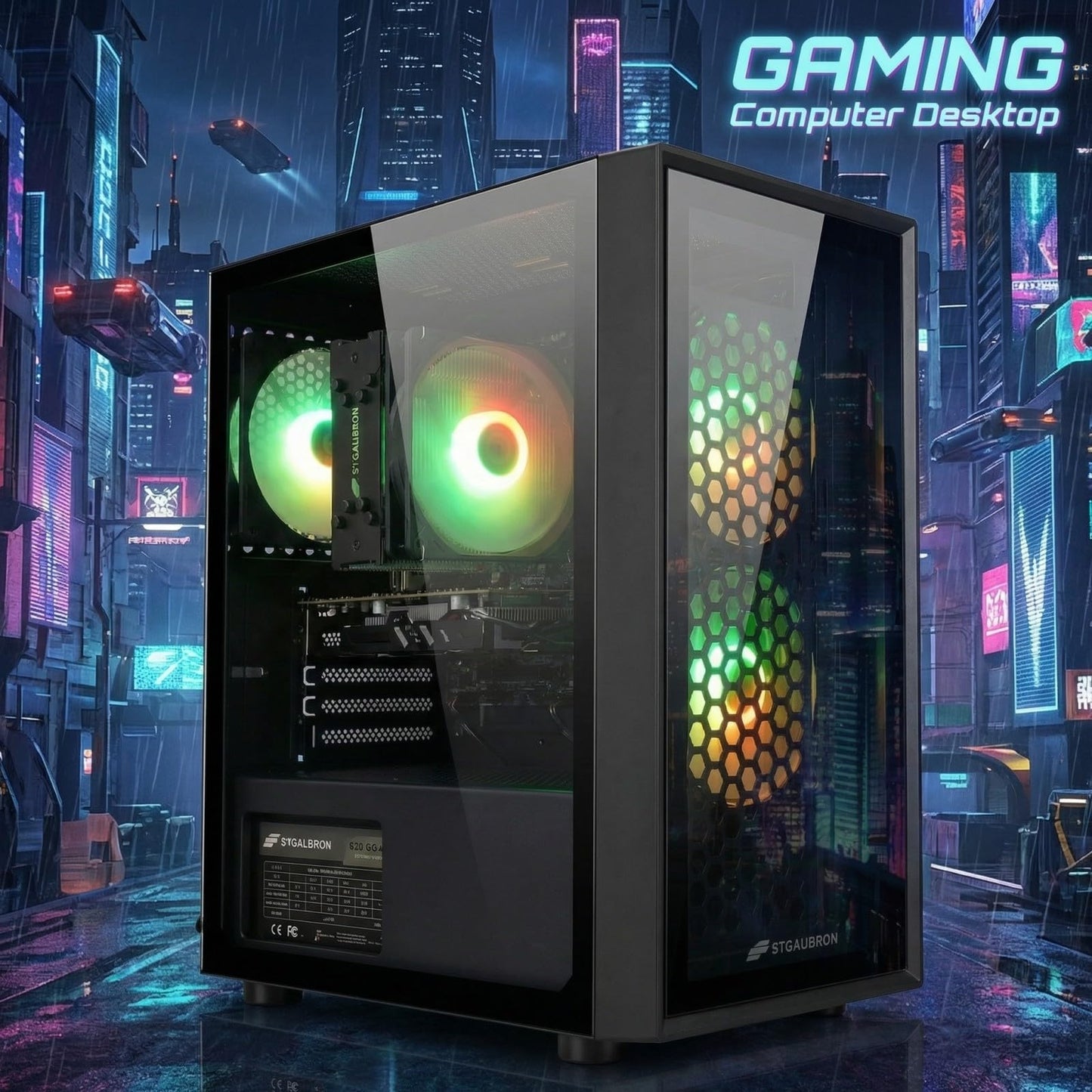 STGAubron Gaming PC Desktop Computer, Intel i7 Xeon E5, Radeon RX 550 4G, 16GB RAM, 512GB SSD, WiFi 6, BT 5.0, RGB Fan x 3, Windows 11 Home