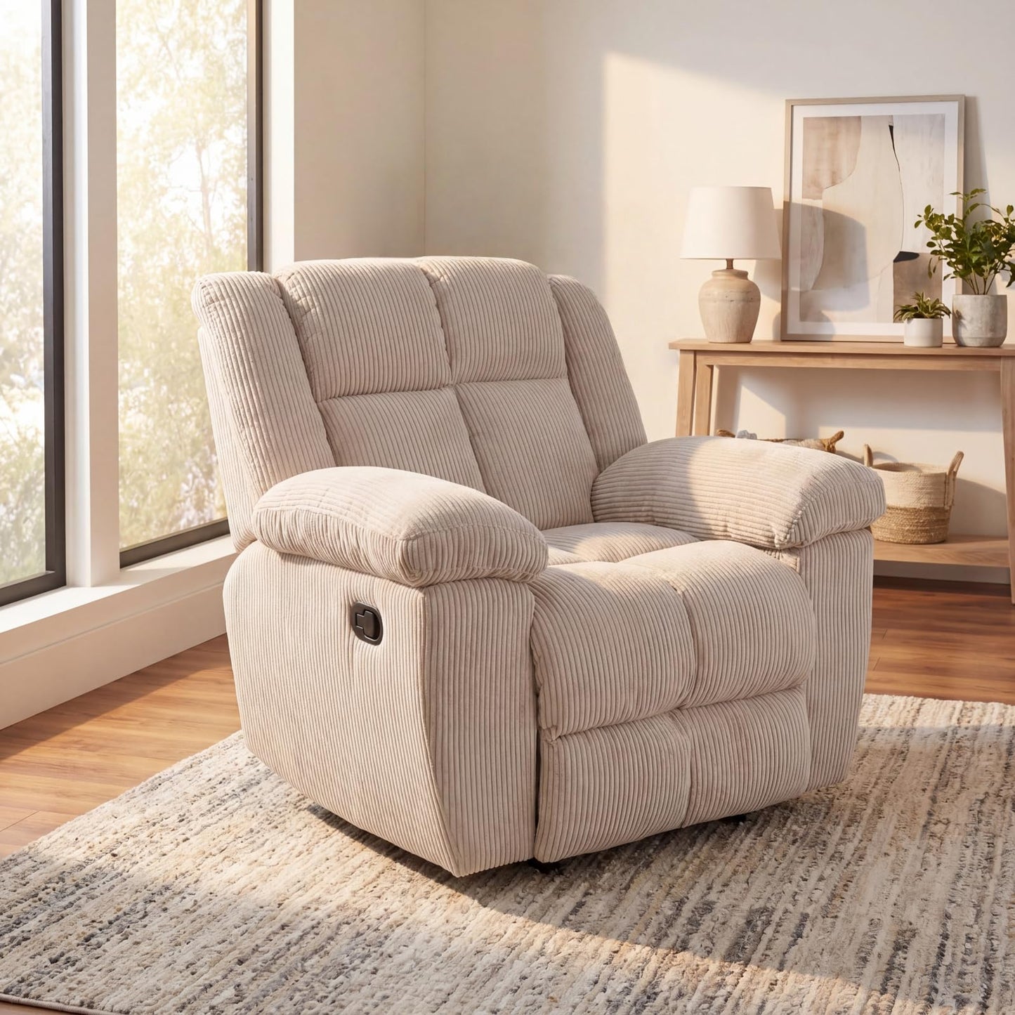 Trygoal Oversized Corduroy Recliner Chair, Manual Lazy Boy Recliner with Home Theater Seating, Breathable Living Room Reclining Chair for Adults Reading, Gaming, Relax, White