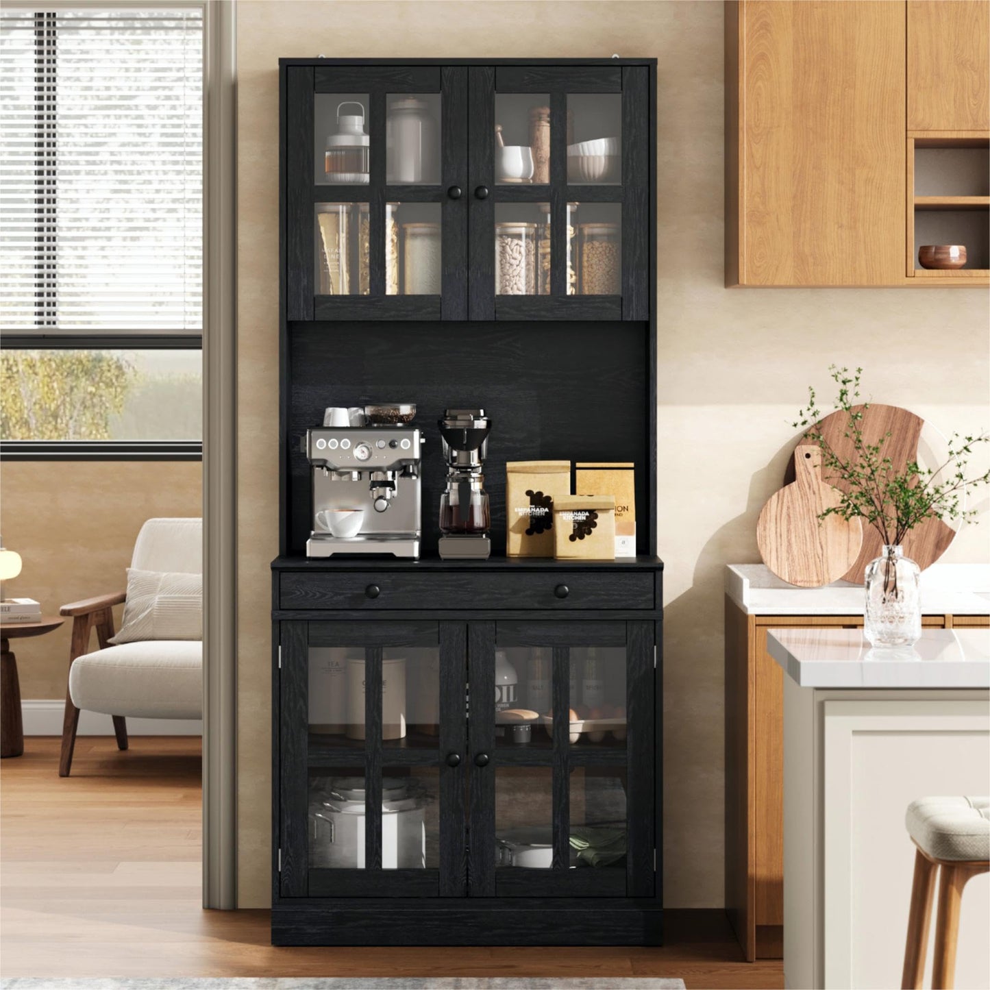 Garvee 72 Inch Kitchen Pantry Cabinet with Glass Doors, Drawer and Adjustable Shelves, Farmhouse Tall Storage Cabinet with Open Countertop, Coffee Bar Cabinet for Coffee Corner, Black