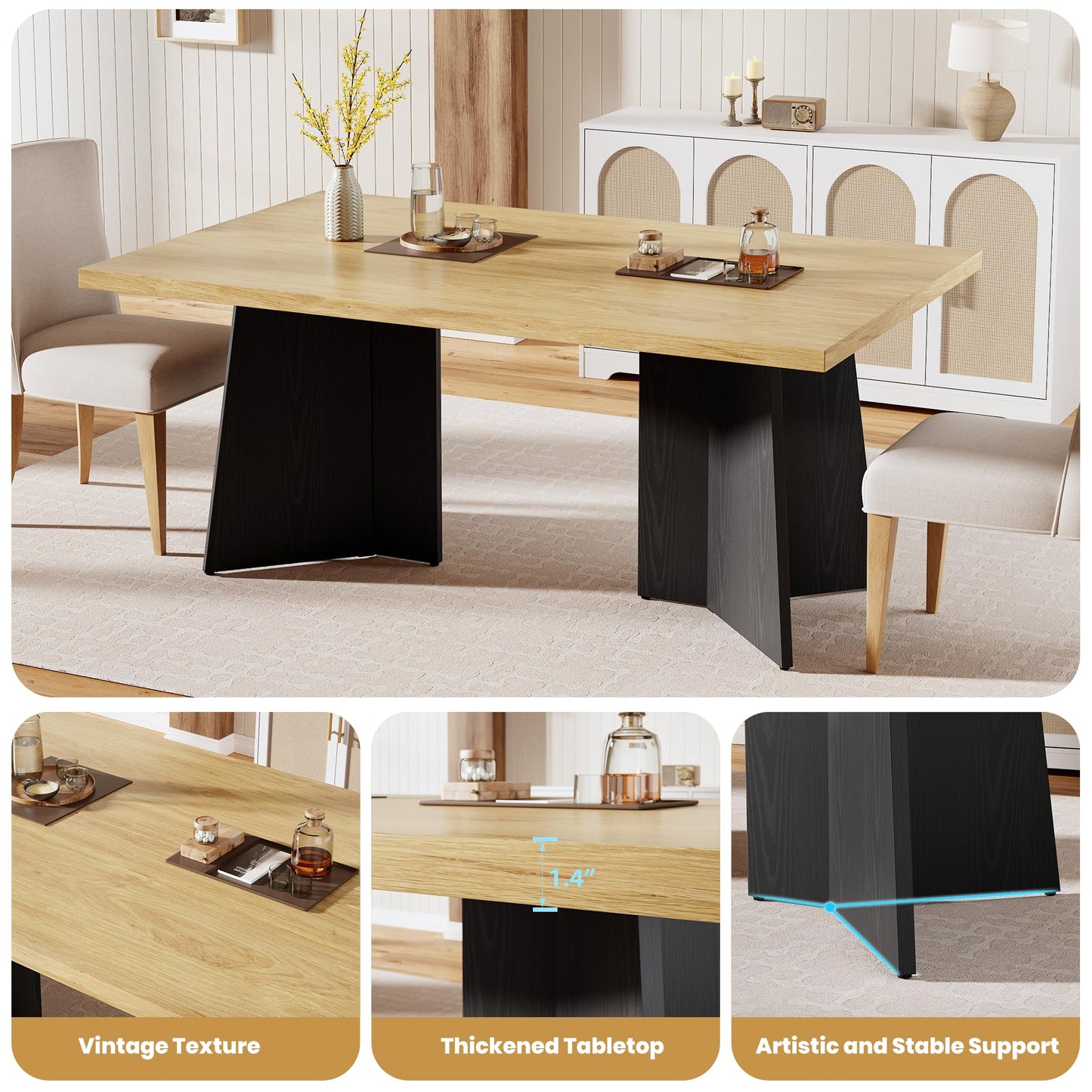 GarveeHome Dining Table for 6-8 People - 63" Modern Long Kitchen Table with Large Tabletop & Heavy Duty Pedestal Legs, Dinner Table for Kitchen, Conference Room, Home, Natural & Black