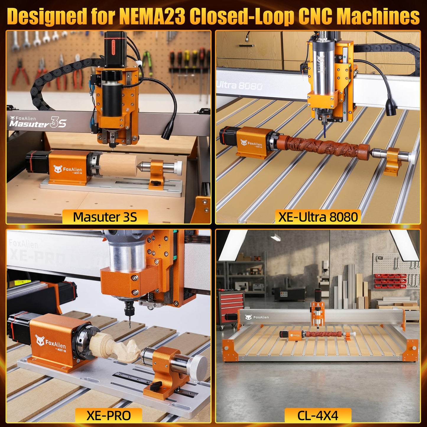 FoxAlien 4th Axis Rotary Module for Masuter 3S, XE-Ultra, XE-PRO CNC Router Machine, with NEMA23 Closed Loop Stepper 10:1 Reduction Gearbox for Cylindrical Wood Metal Engraving (AC57-10)