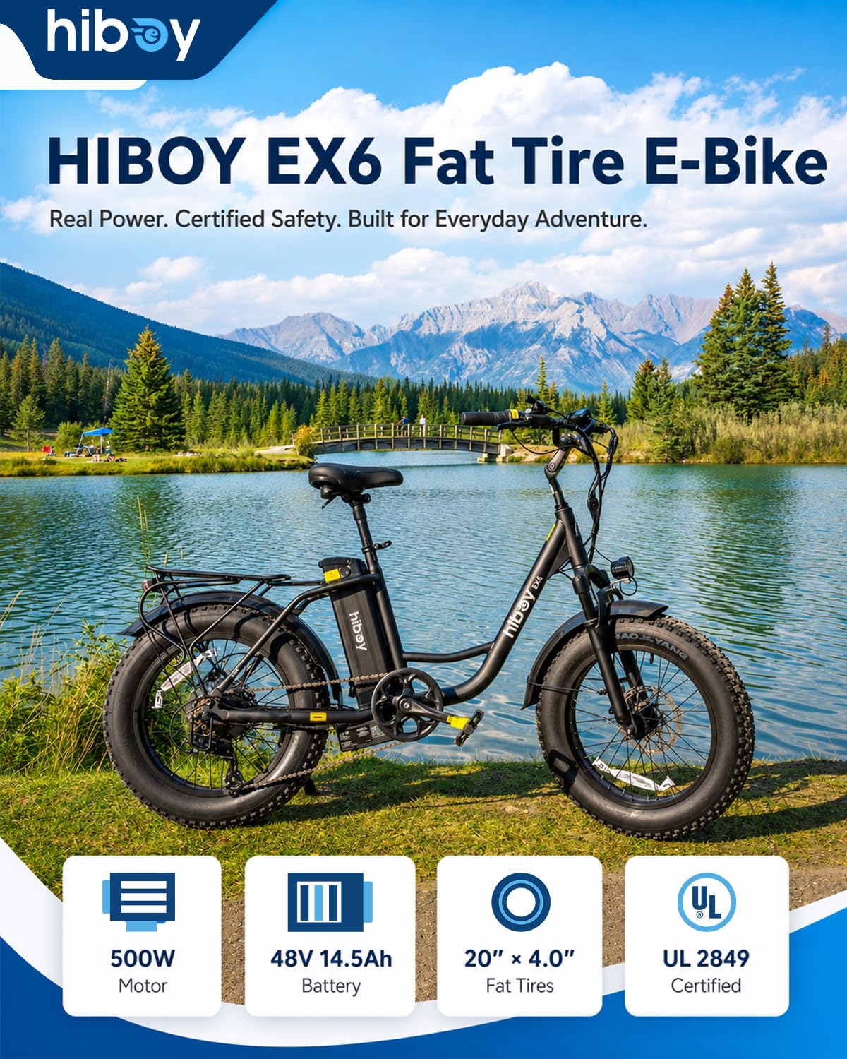 Hiboy EX6 Electric Bike for Adult, 500W High-Torque Motor, 25 MPH, 48V 14.5Ah Removable Battery, 20" x4.0 Fat Tires, Shimano 7-Speed, Front Suspension, Step-Through Frame, Crisp White