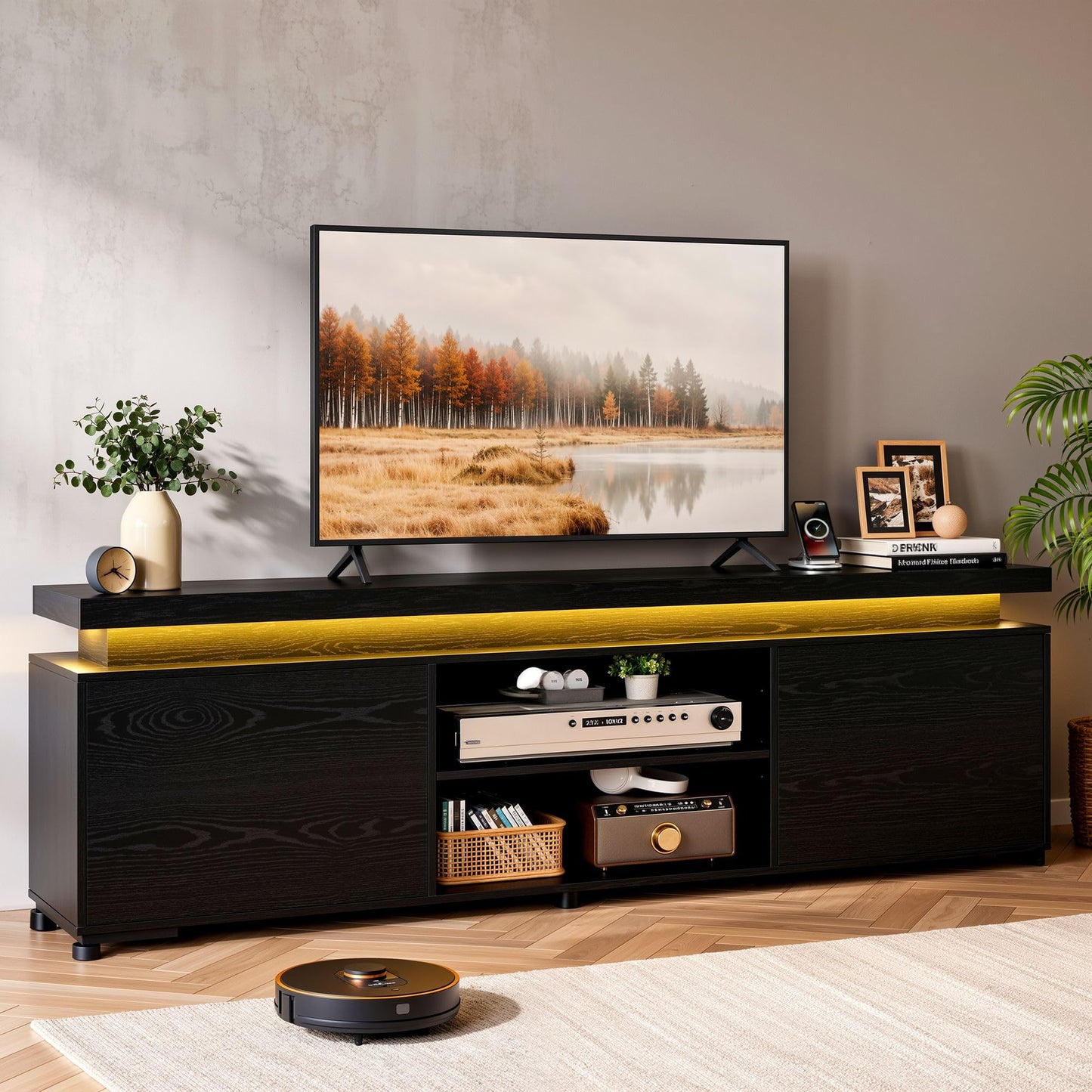 IRONCK TV Stand for 85 inch TV, TV Console with LED Lights and Power Outlet, Long Entertainment Center with Cabinets and Storage Shelves, TV Stand Black for Bedroom Living Room