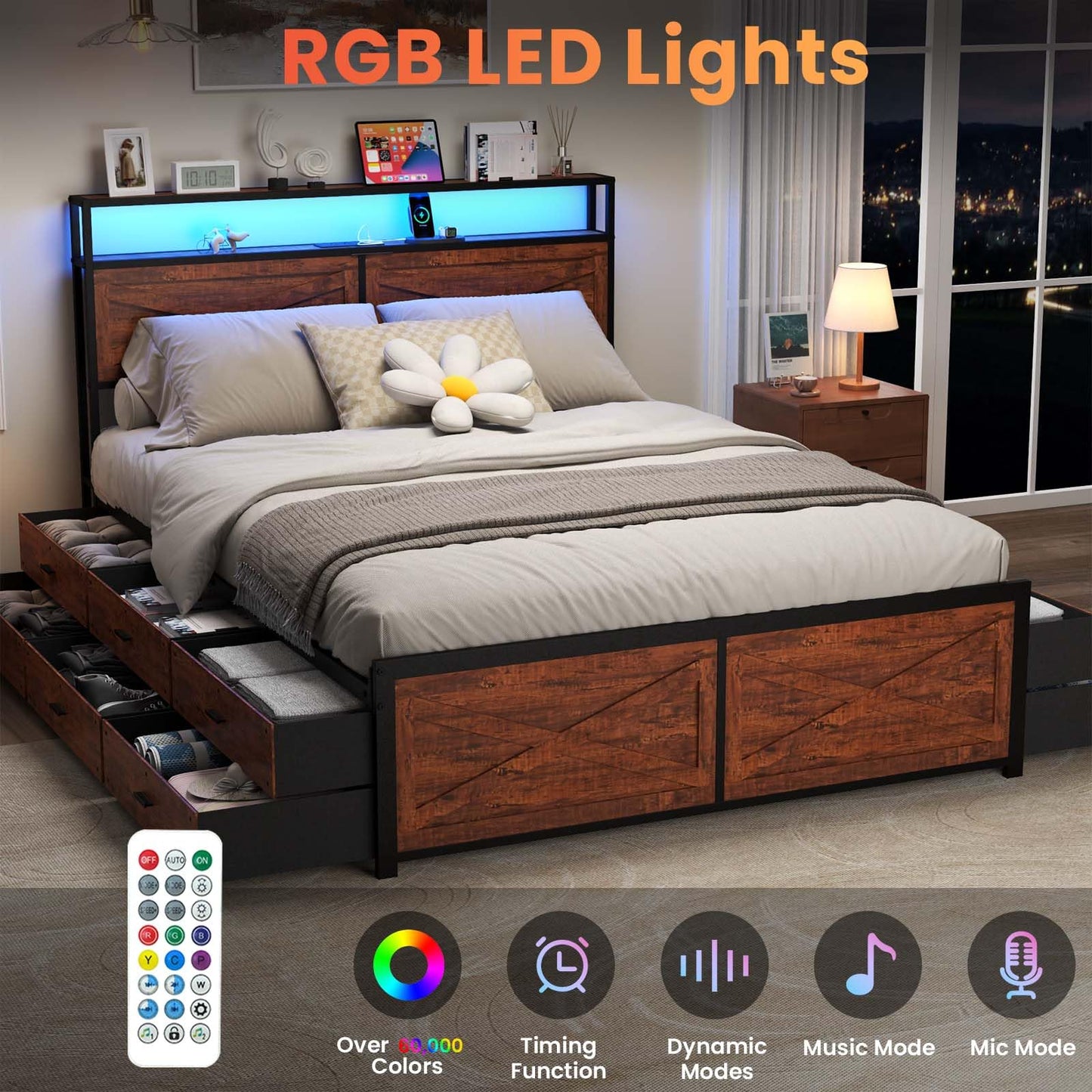 Kiivakii King Size Bed Frame with 12 Storage Drawers, LED Headboard with Charging Station, Metal Bed Frames, No Box Spring Needed, Noise Free, Stable and Solid, Red Brown