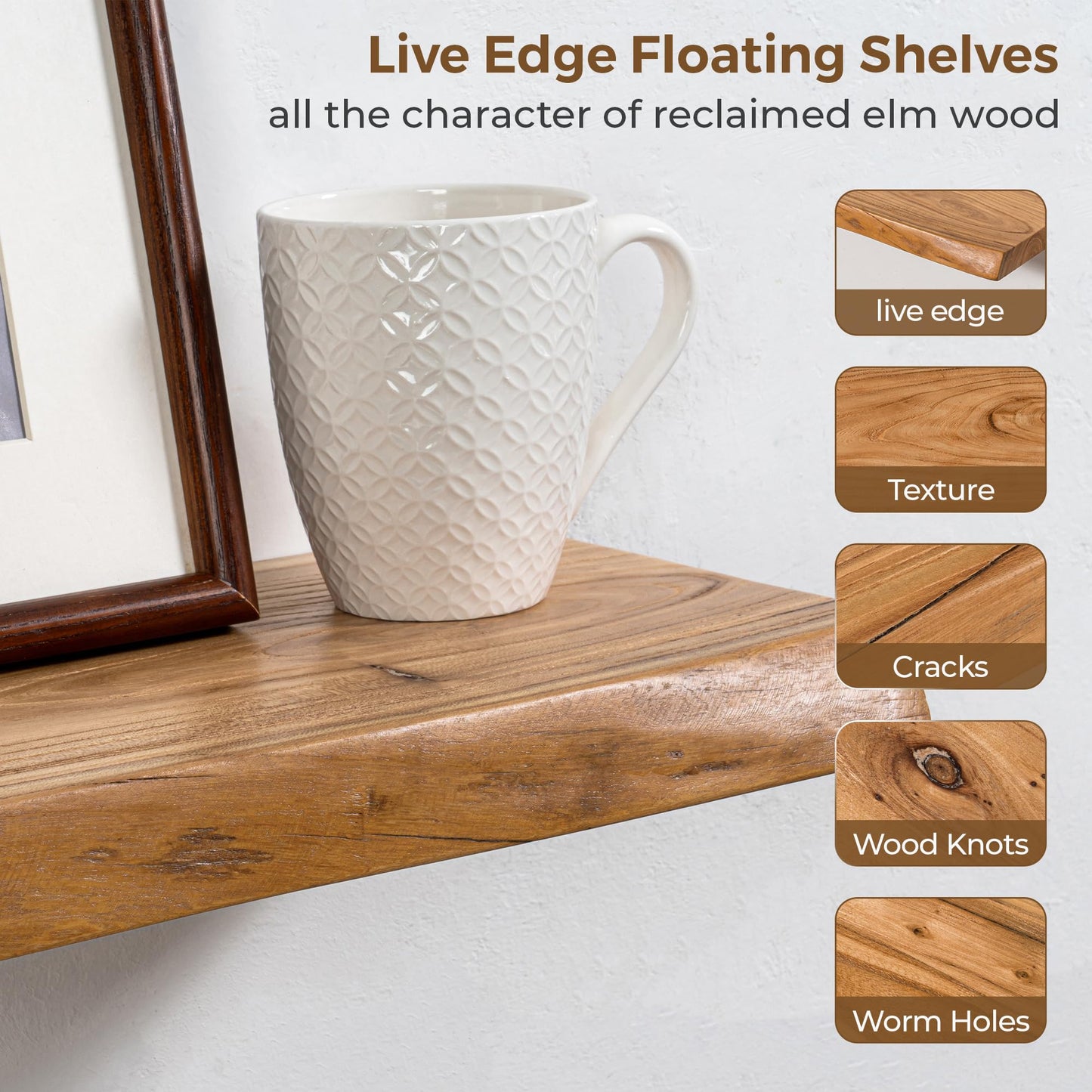 Axeman 72 inch Extra Long Floating Shelves for Wall - 8'' D Live Edge Rustic Solid Elm Wood Floating Shelves Wall Mounted, Wall Shelves with Invisible Bracket for Living Room Bedroom Kitchen, Natural