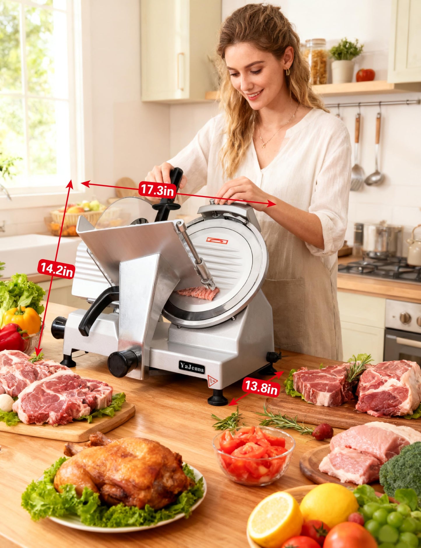 YaJenna Electric Meat Slicer 10" 300W Deli and Ham Food Cheese Jerky Steak Slicer Cutting Machine Semi-Auto 0-15MM Adjustable Slice Thickness