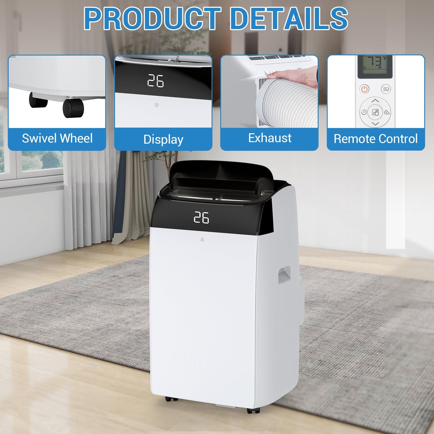 12,000 BTU Portable Air Conditioner with Remote Control, 3-in-1 AC Unit (Cool, Dehumidify, Fan) for Rooms up to 450 Sq. Ft, Easy Window Installation Kit, LED Display & 24H Timer, White/Black