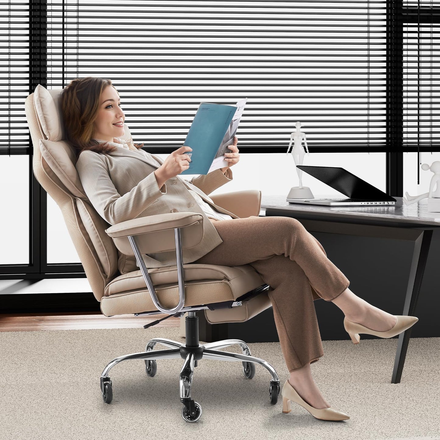 VEVOR Executive Office Chair with Footrest, 400lb Capacity Oversize Office Chair with Lumbar Pillow & Removable Armrests, Heavy Duty Ergonomic Chair, PU Leather Reclining Home Office Desk Chair, Brown