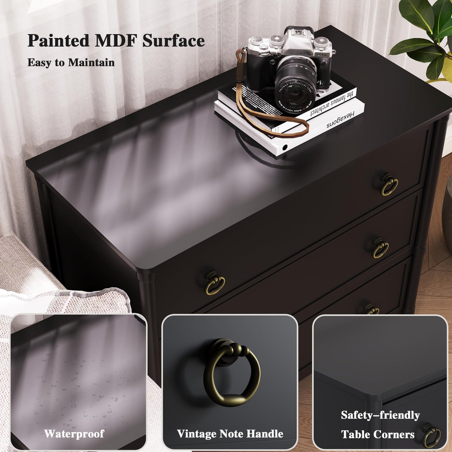 ZOSQUARE 3 Drawer Dresser, 32 Inch Wide Mid Century Chest of Drawers with Metal Handles, Storage Dresser for Bedroom, Nursery, Living Room, Dorm (Black)