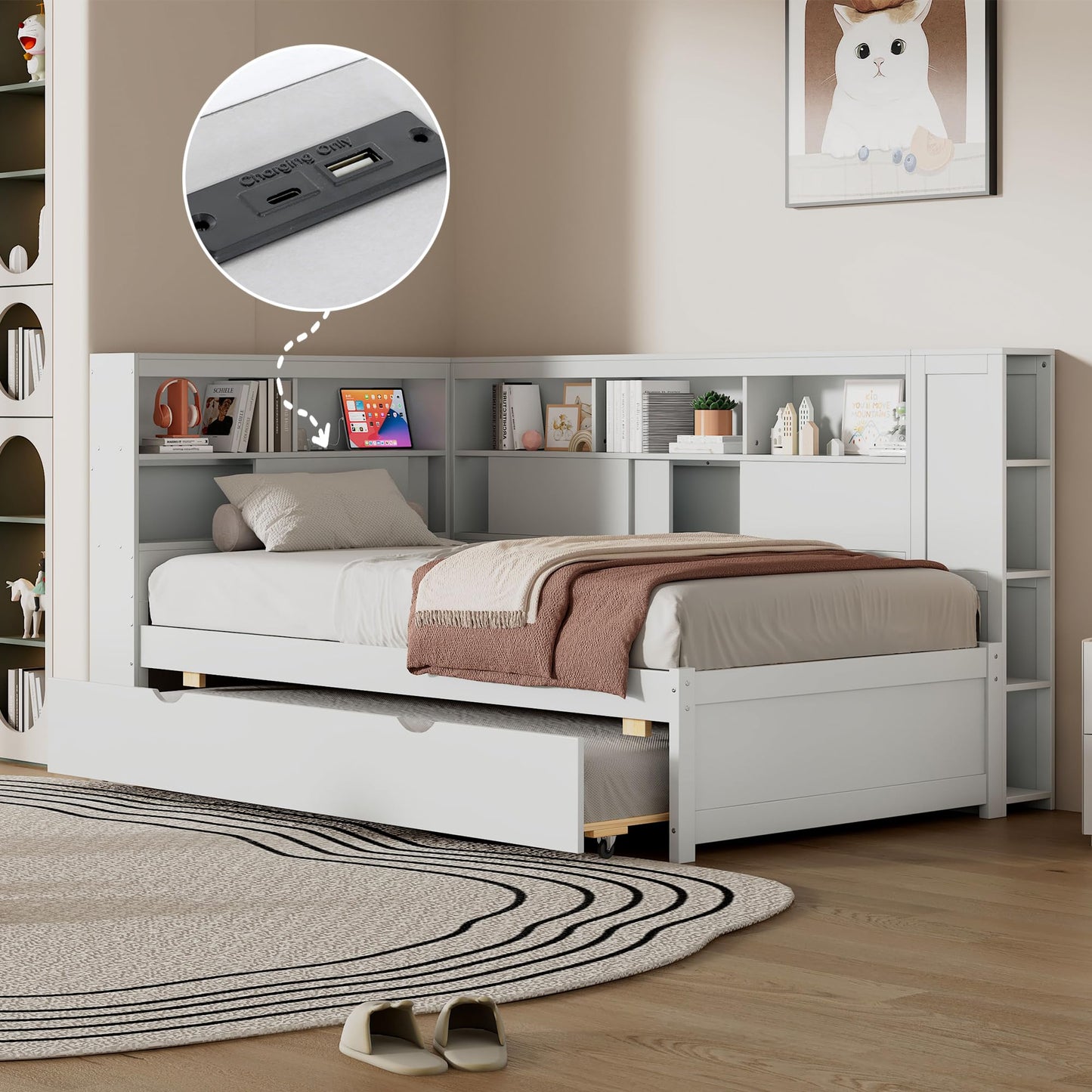 Merax Twin Size Modern Upholstered Platform Bed with USB Ports & Trundle Bed, Floor Daybed with Wood Slat Support, Storage Bed Frame with Headboard/Twin, White