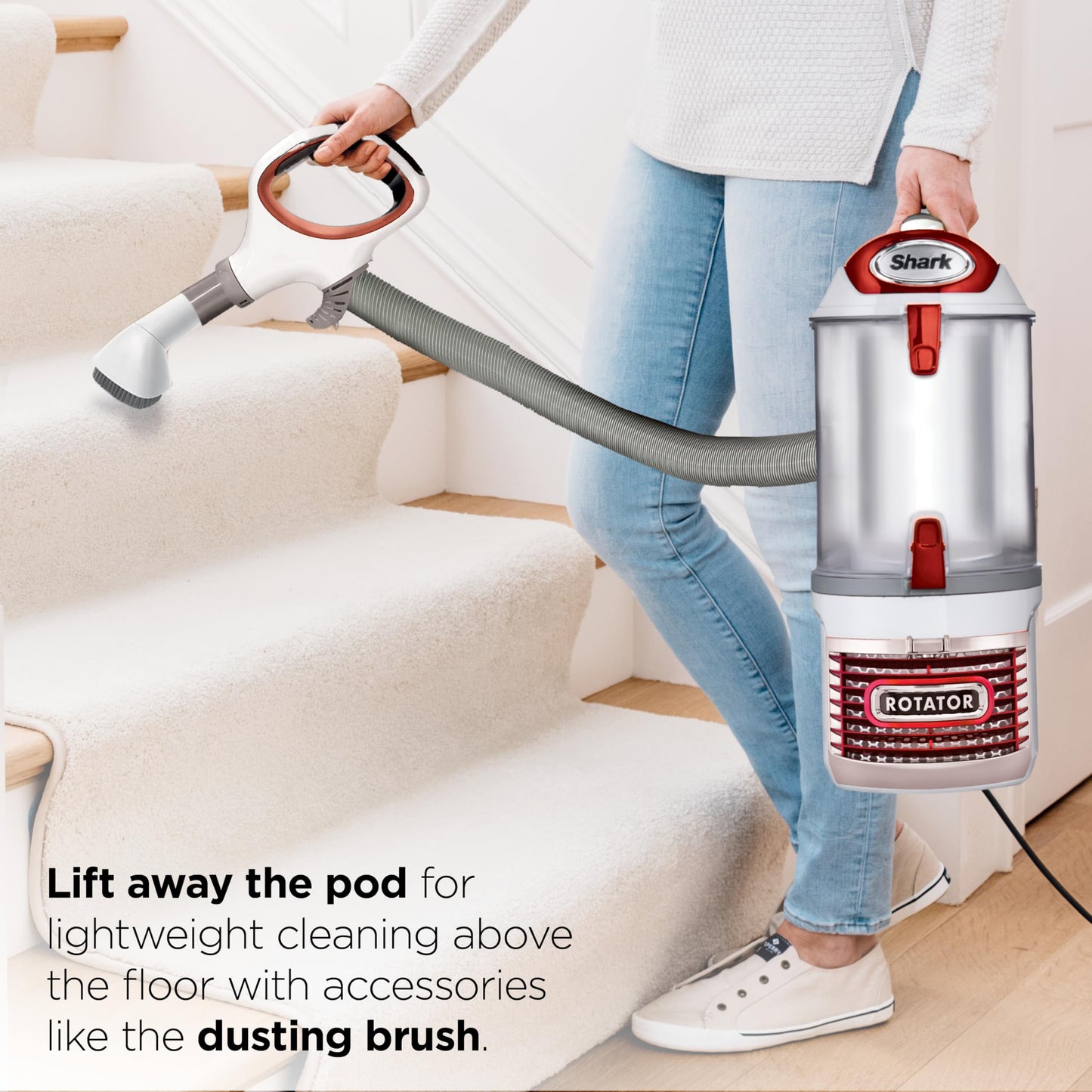 Shark Upright Vacuum Cleaner | Rotator Lift-Away | Pet Hair, Carpet & Hard Floor Cleaning | Dusting Brush, Upholstery & Crevice Tools | HEPA Filter | Swivel Steering | Headlights | White/Red | NV501