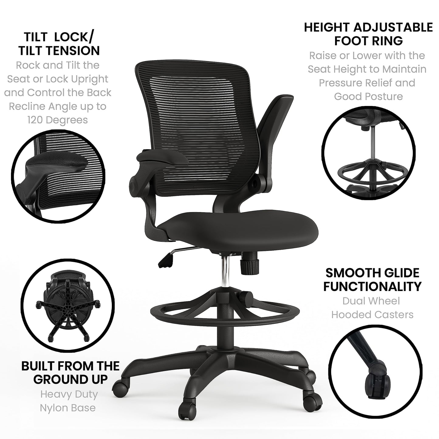 Flash Furniture Kale Mid-Back Swivel Office Chair with Adjustable Foot Ring, Lumbar Support, and Seat Height, Ergonomic Mesh Executive Chair, Black